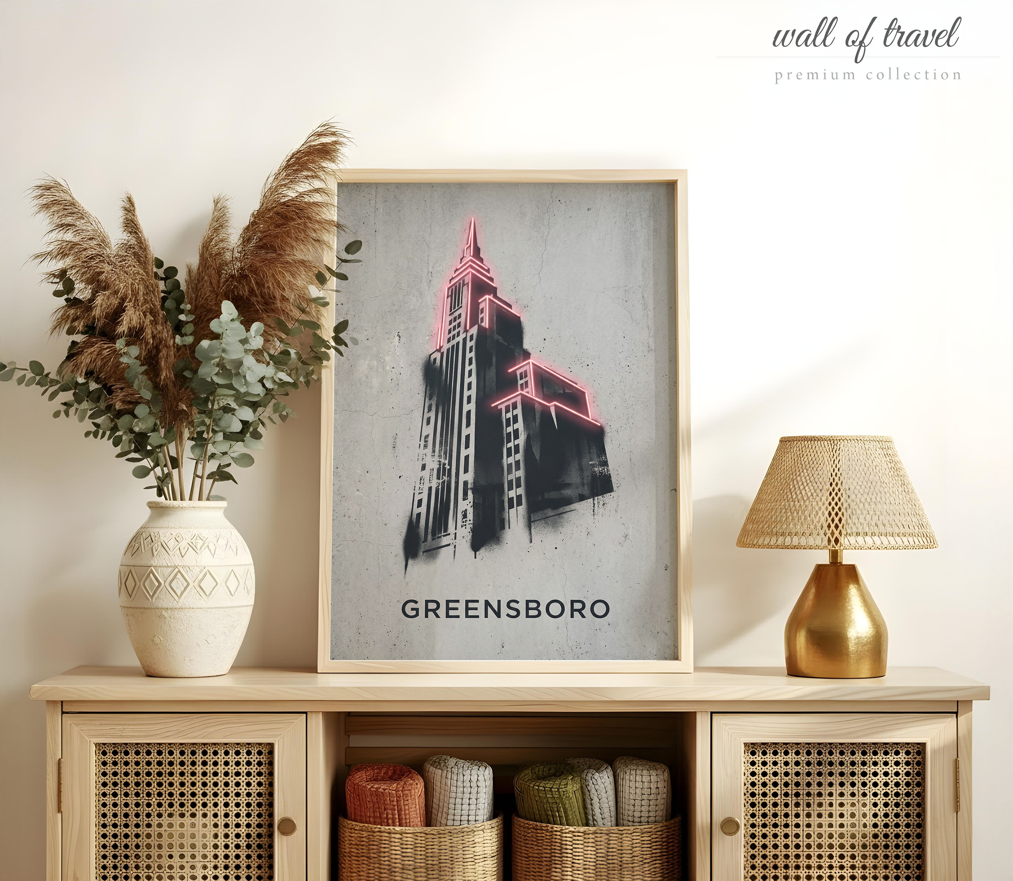 Greensboro North Carolina Jefferson Standard Building Art, Canvas or Poster, Neon Paint Splash Decor, Entryway Office Wall Art, Grey Pink