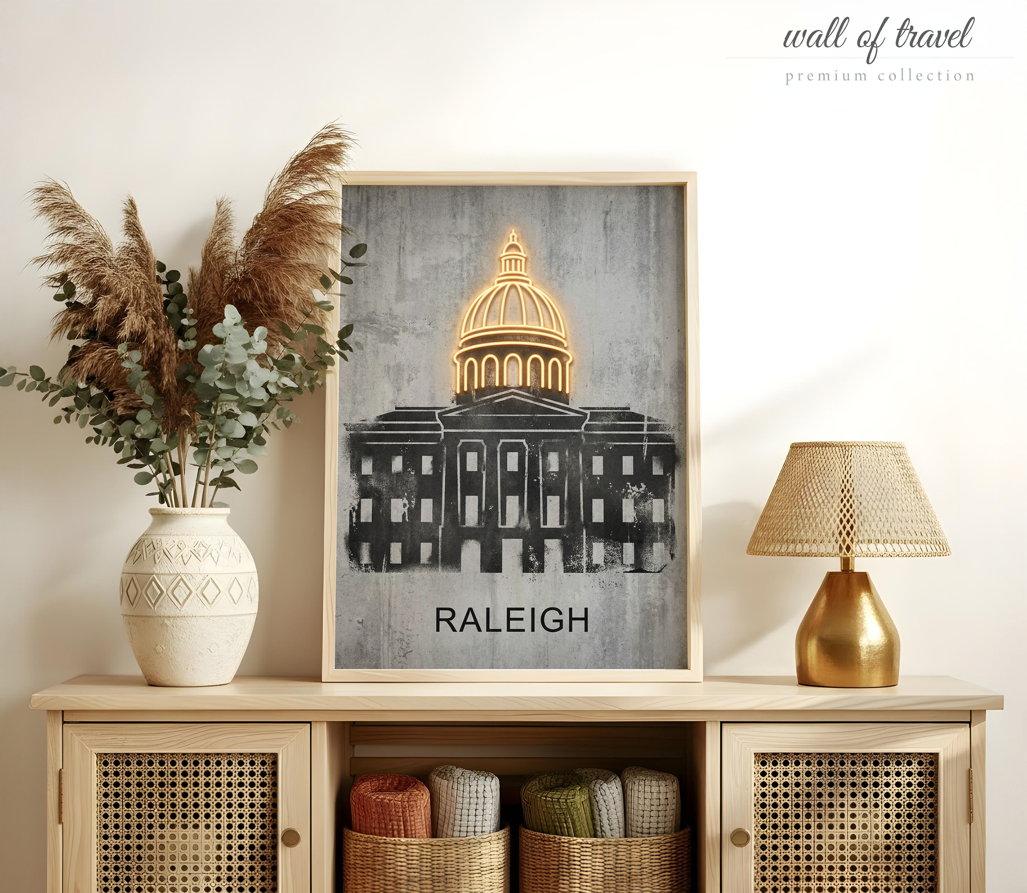 Raleigh North Carolina State Capitol Building Art, Canvas or Poster, Neon Paint Splash Decor, Living Room Office Study Wall Art, Gold Grey