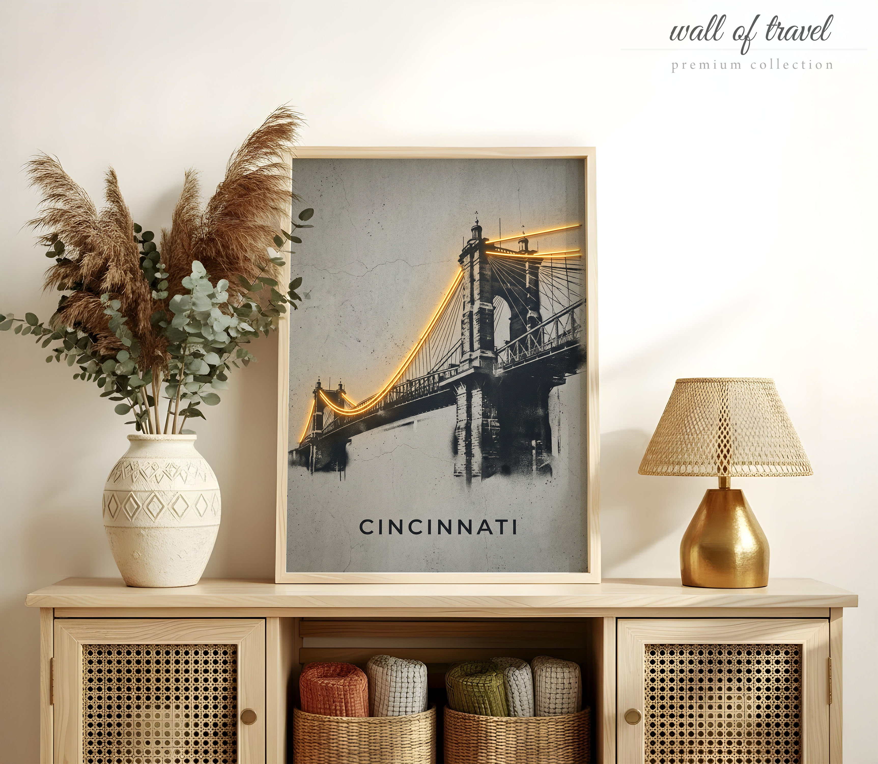 Cincinnati Ohio John A Roebling Suspension Bridge Art, Canvas or Poster, Neon Paint Splash Decor, Living Room Office Entryway Wall Art, Grey