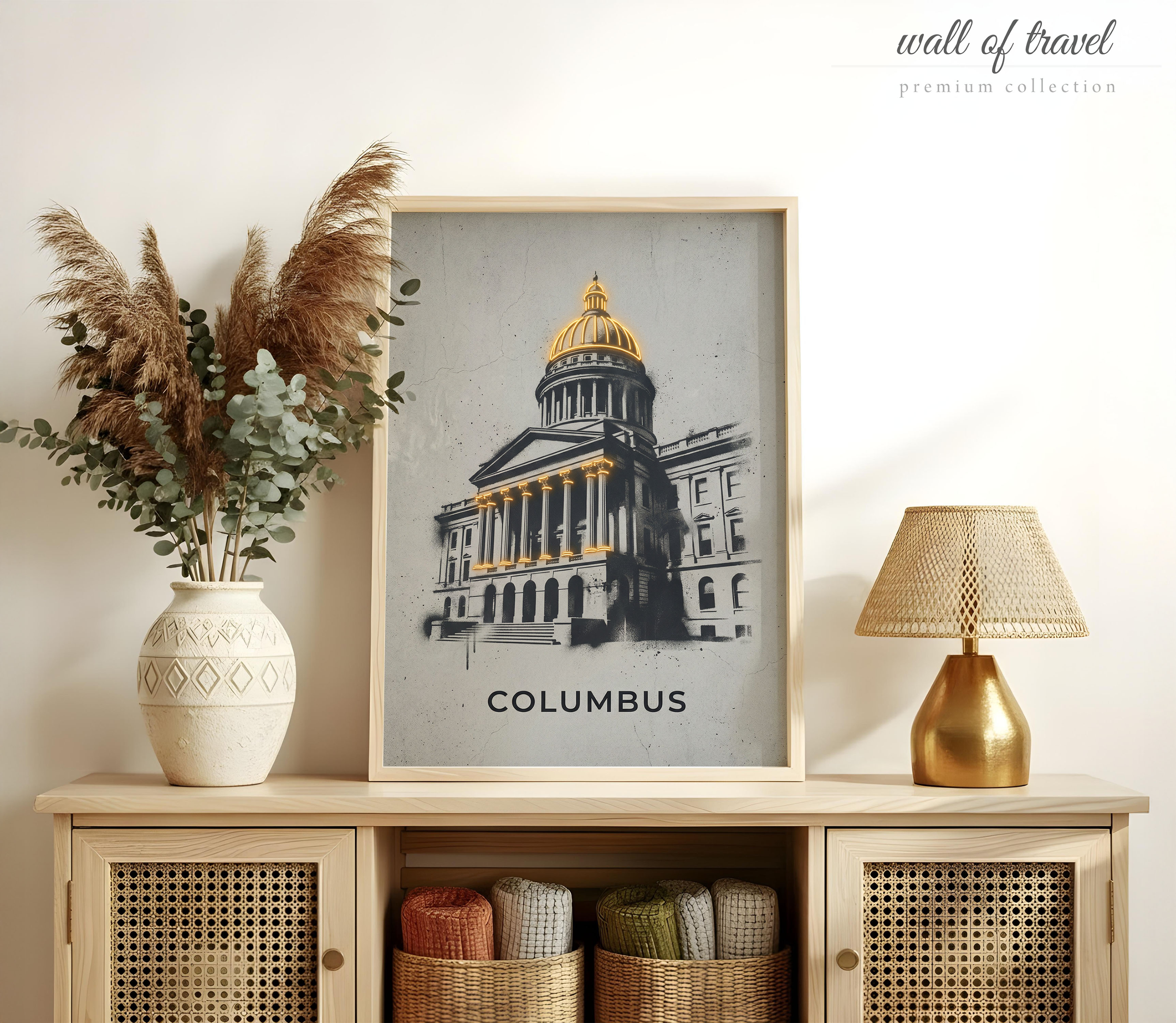 Columbus Ohio Statehouse Art, Canvas or Poster, Neon Paint Splash Decor, Living Room Entryway Office Study Wall Art, Gold Black Grey White