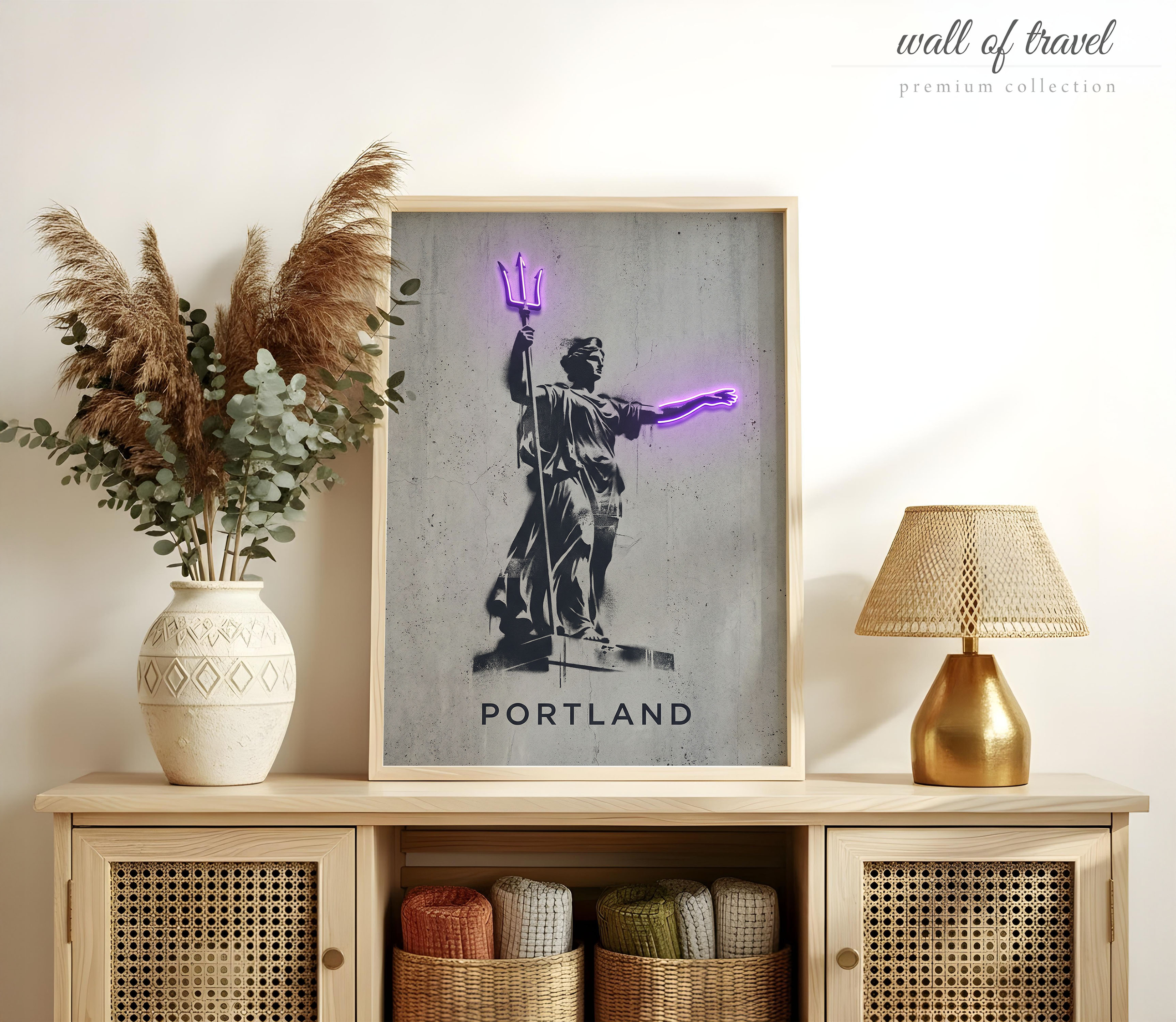 Portland Oregon Portlandia Statue Art, Canvas or Poster, Graffiti Pop Art Decor, Living Room Cafe Bar Wall Art, Purple Black Grey White