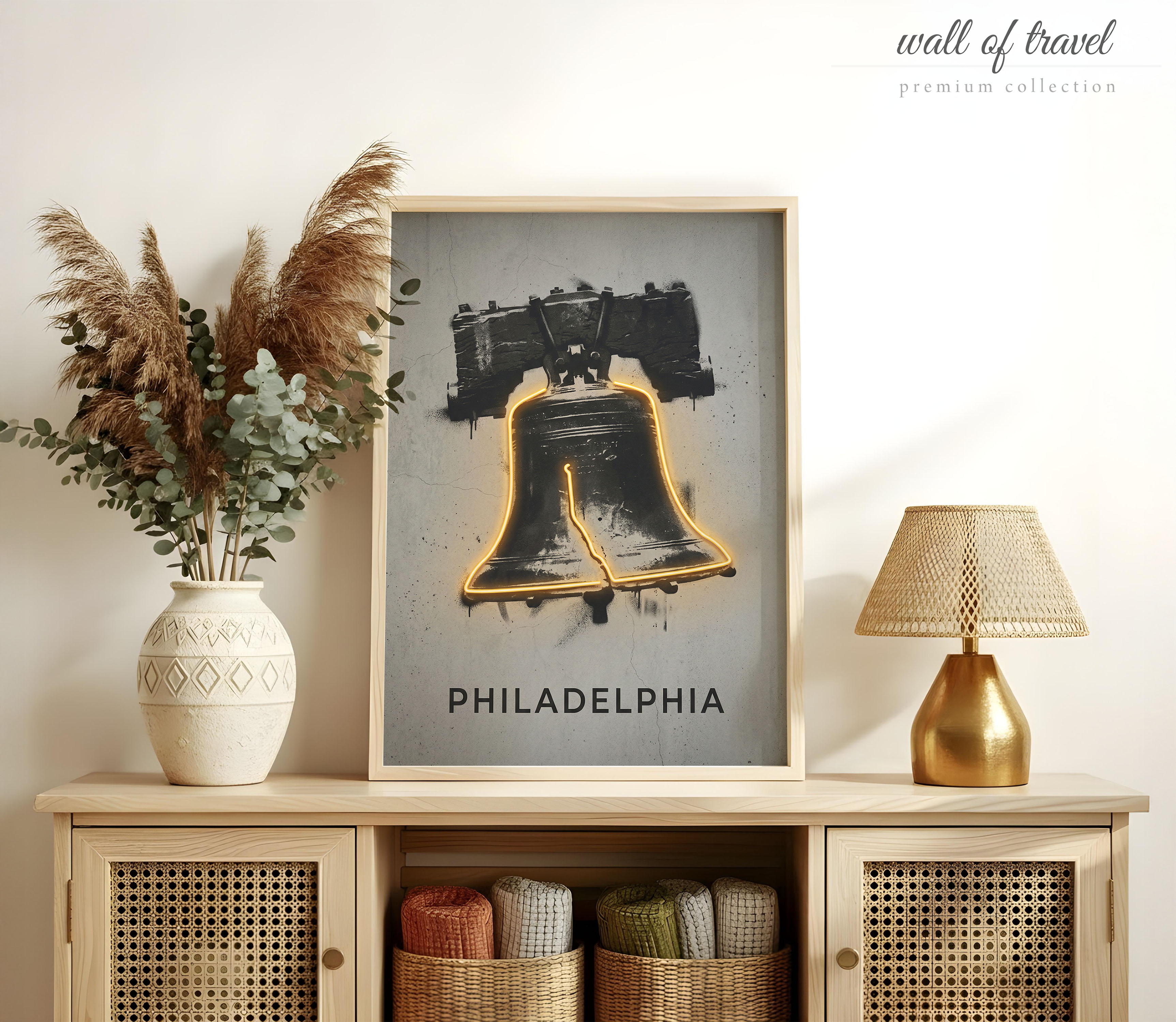 Philadelphia Pennsylvania Liberty Bell Art, Canvas or Poster, Neon Paint Splash Decor, Living Room Office Entryway Wall Art, White Gold