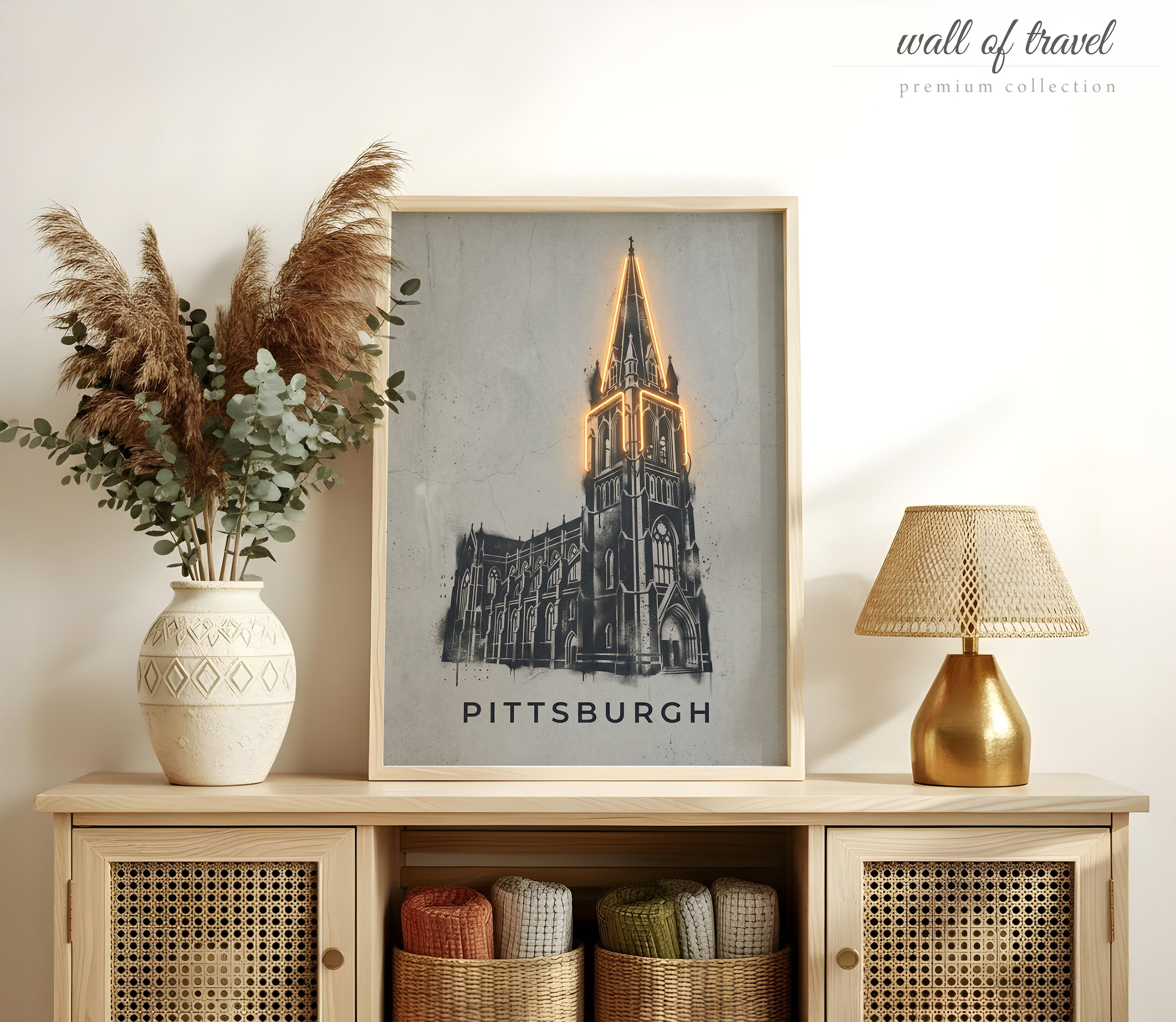 Pittsburgh Pennsylvania Cathedral of Learning Art, Canvas or Poster, Neon Paint Splash Decor, Living Room Office Home Bar Wall Art, Grey