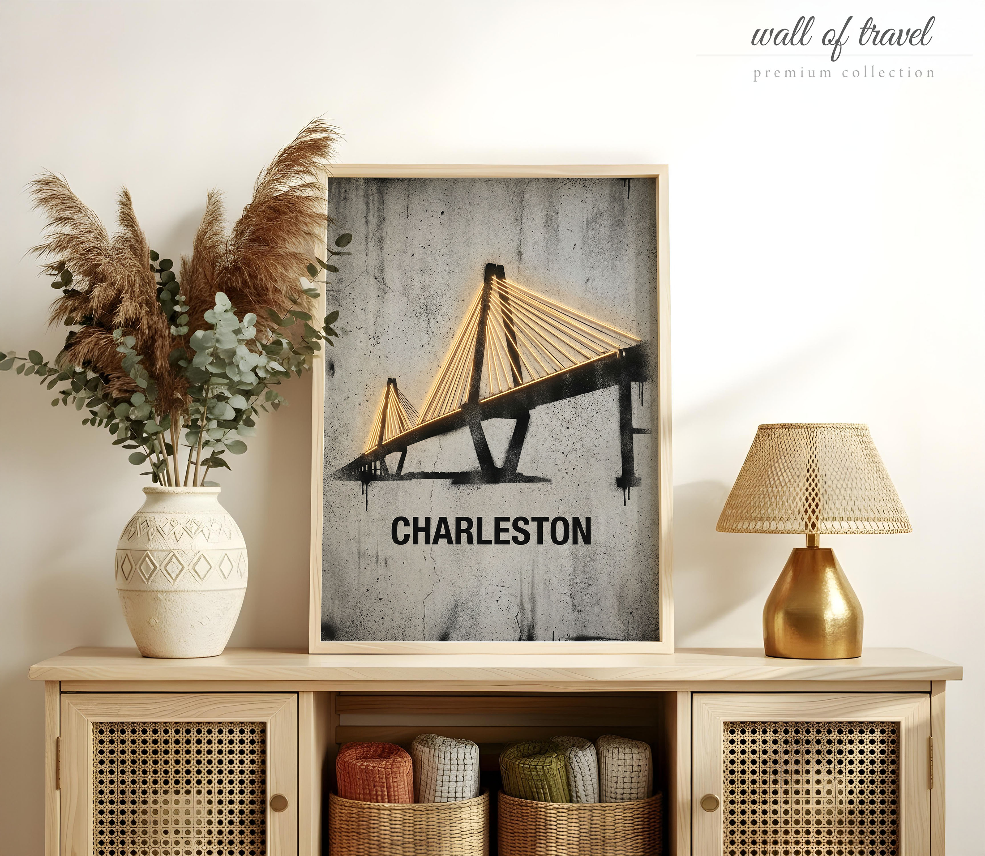 Charleston South Carolina Arthur Ravenel Jr Bridge Art, Canvas or Poster, Graffiti Pop Art Decor, Living Room Office Entryway Wall Art, Grey