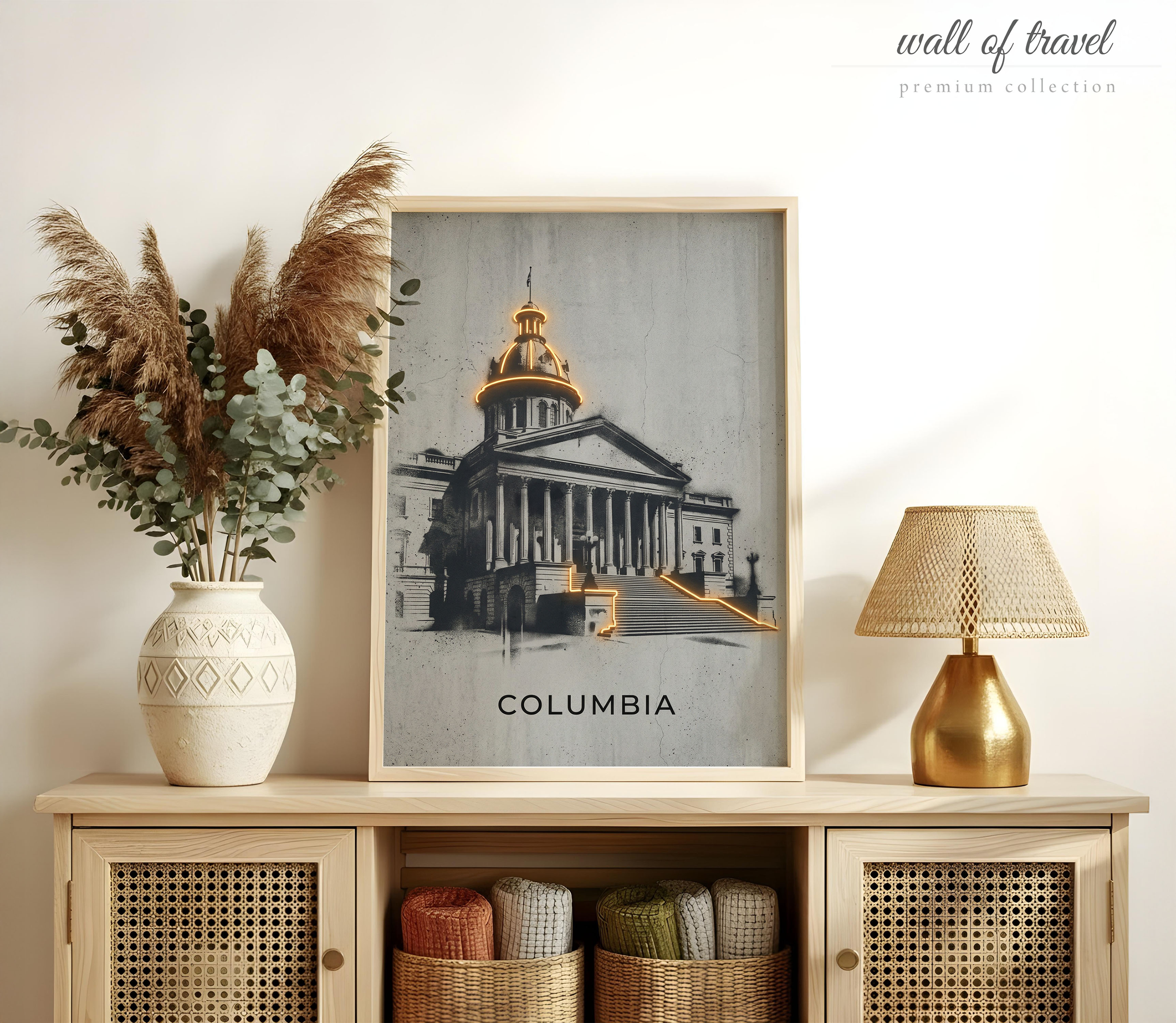 Columbia South Carolina State House Art, Canvas or Poster, Neon Paint Splash Decor, Living Room Office Entryway Wall Art, Black Grey Orange