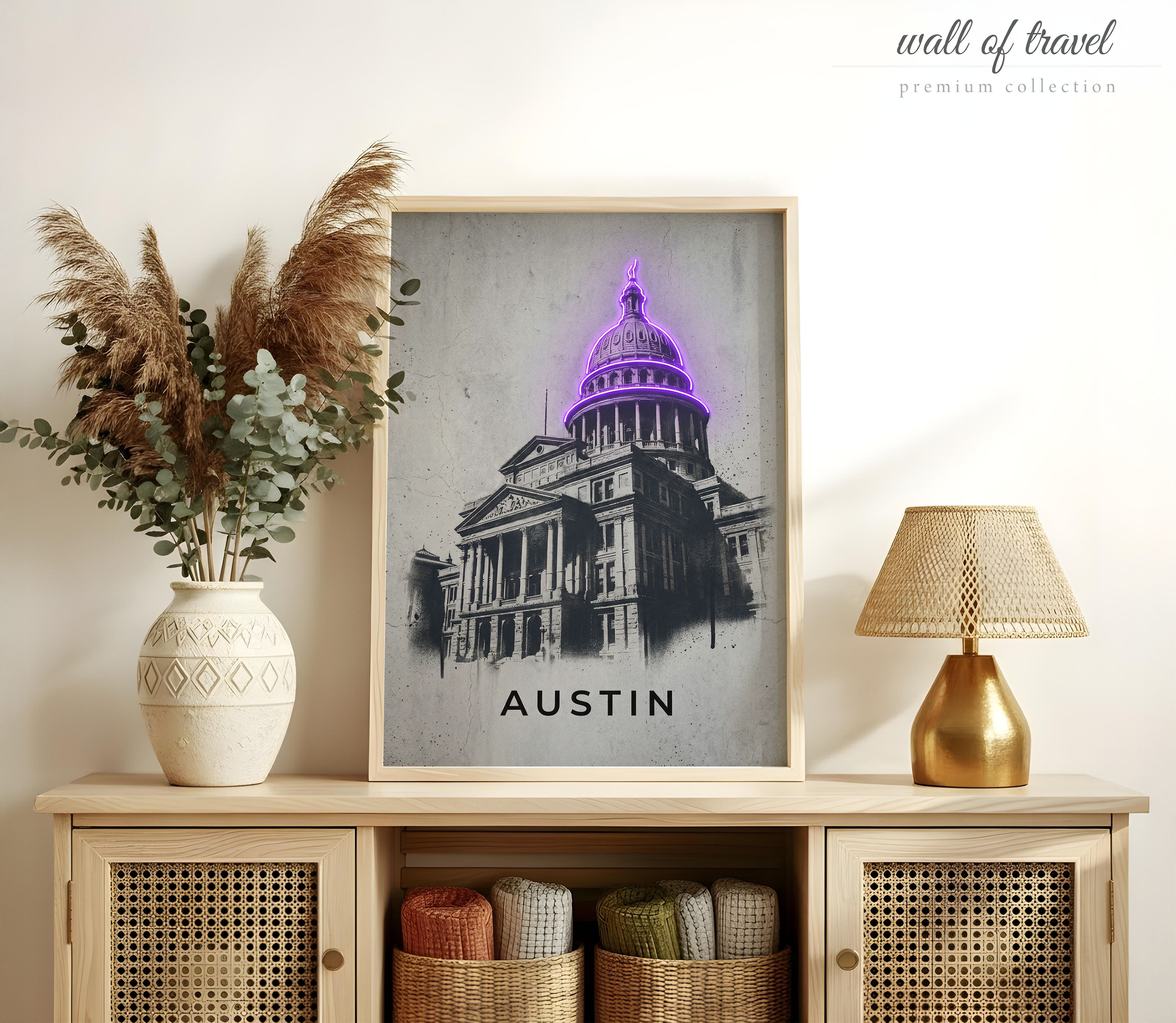 Austin Texas State Capitol Building Art, Canvas or Poster, Neon Paint Splash Decor, Living Room Office Entryway Wall Art, Purple Black Grey