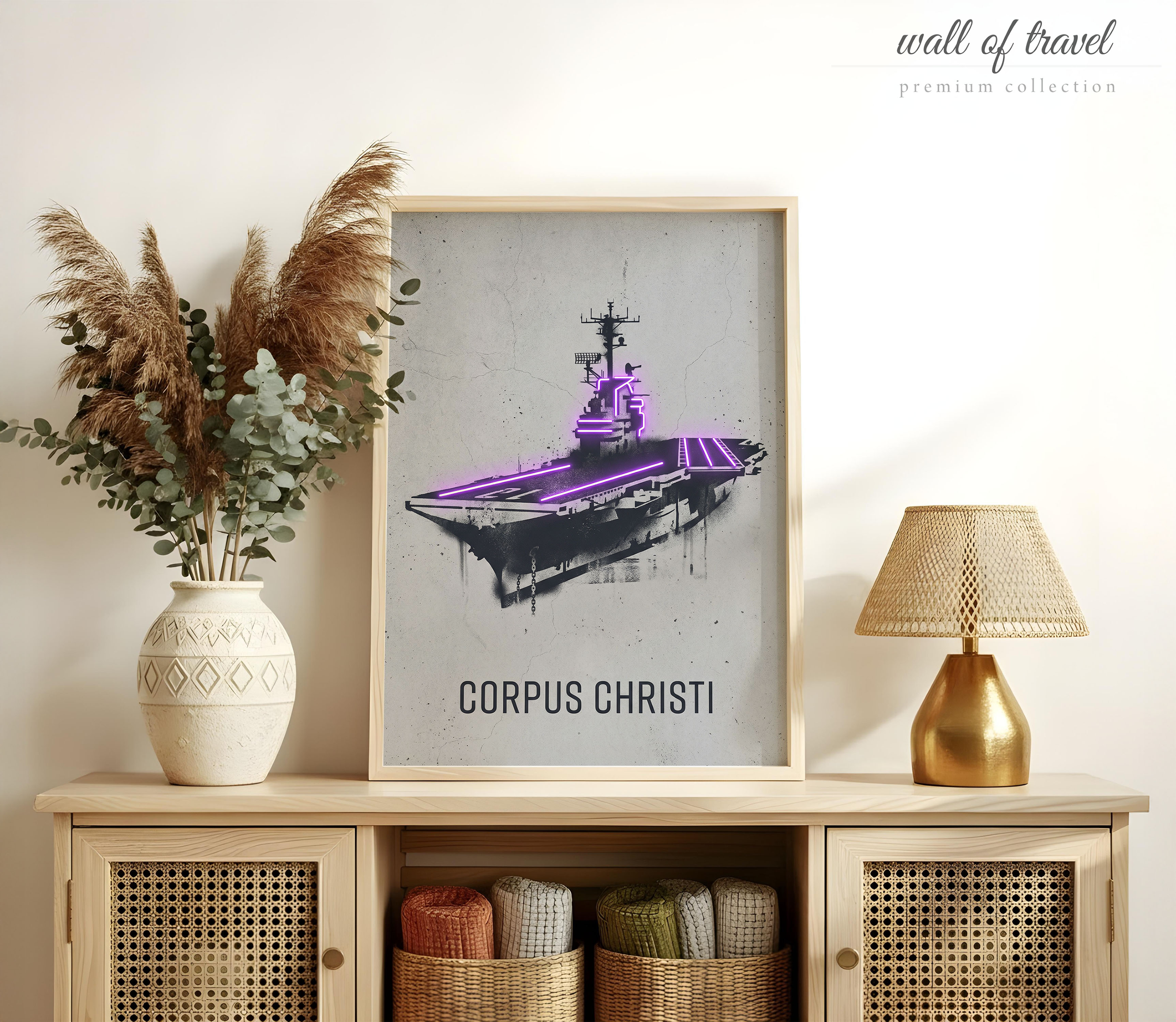Corpus Christi Texas Aircraft Carrier Art, Canvas or Poster, Neon Paint Splash Decor, Living Room Office Entryway Wall Art, Black Grey White