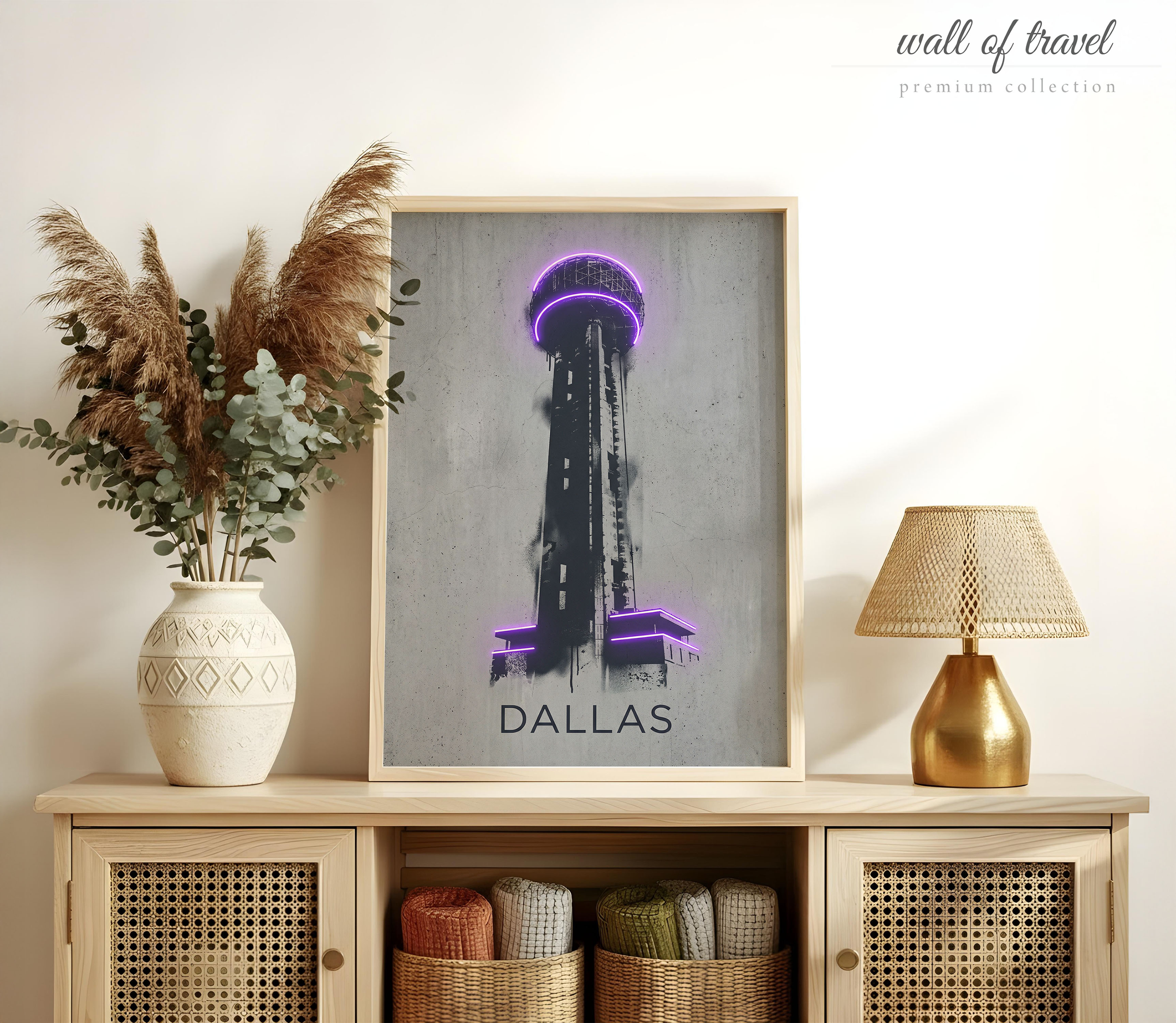 Dallas Texas Reunion Tower Art, Canvas or Poster, Neon Paint Splash Decor, Living Room Office Den Home Bar Wall Art, Purple Black Grey White