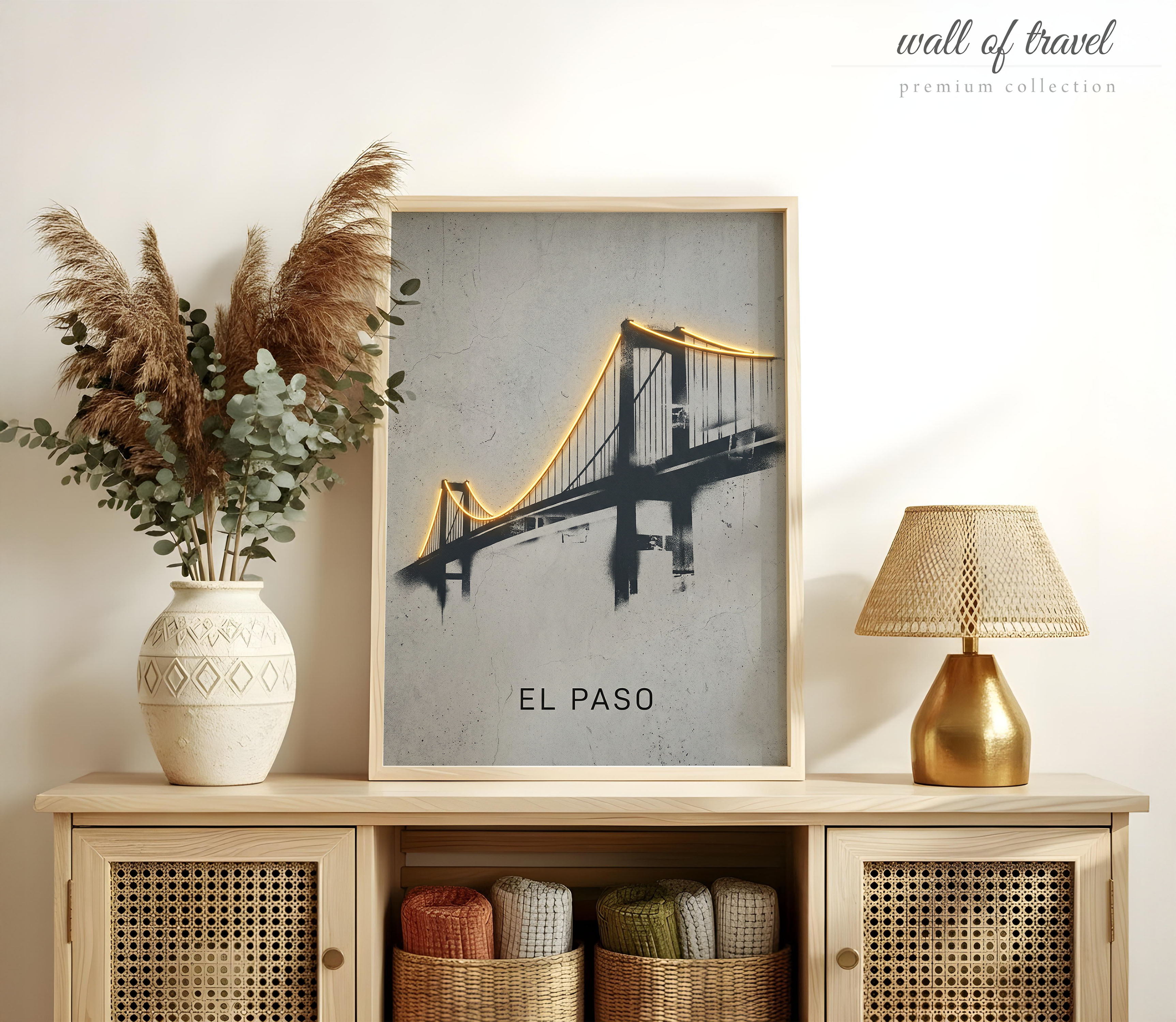 El Paso Texas Trans-Mountain Road Bridge Art, Canvas or Poster, Neon Paint Splash Decor, Living Room Office Entryway Wall Art, Grey Black