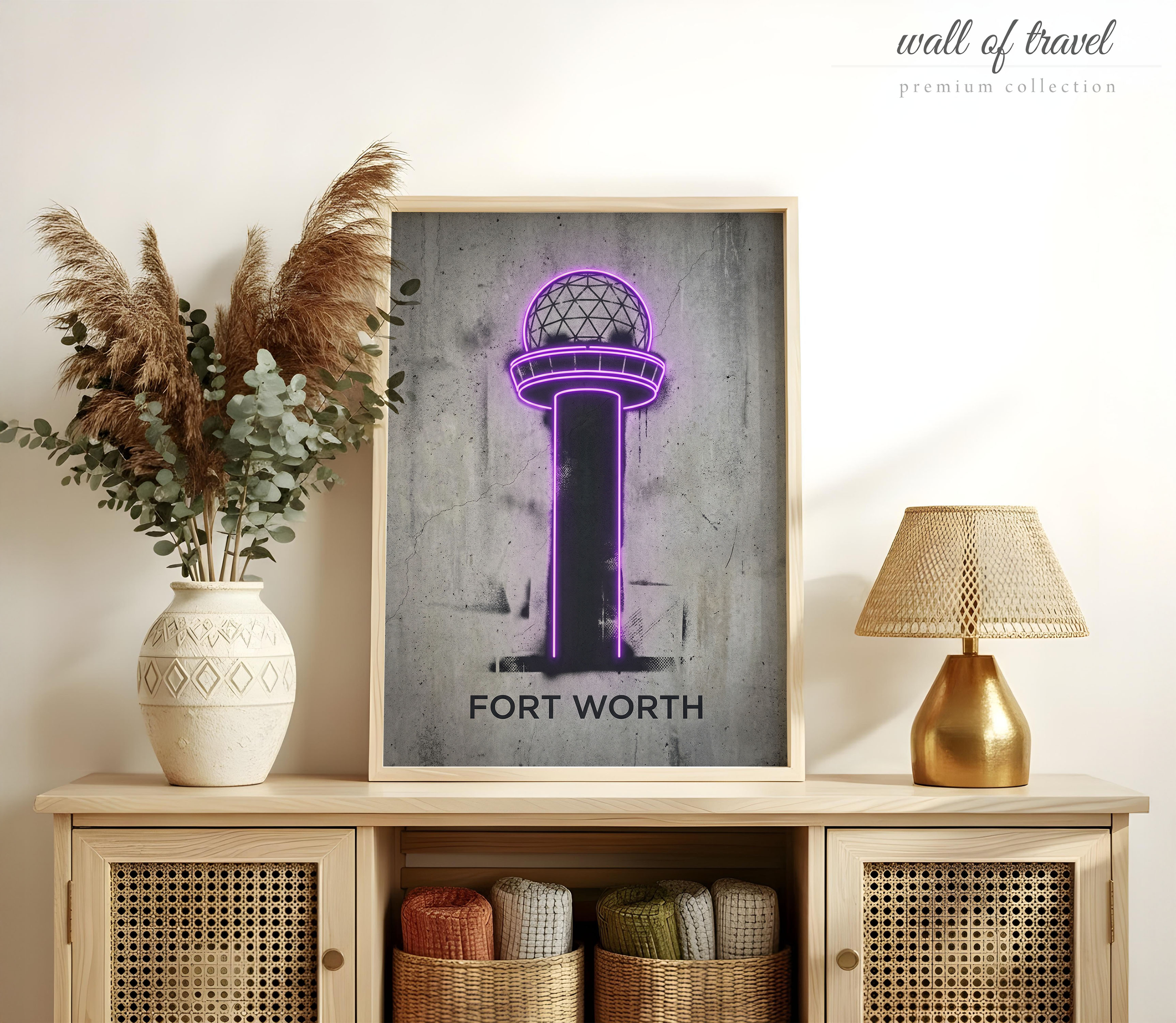 Fort Worth Texas Reunion Tower Art, Canvas or Poster, Neon Paint Splash Decor, Living Room Office Den Wall Art, Purple Black Grey White