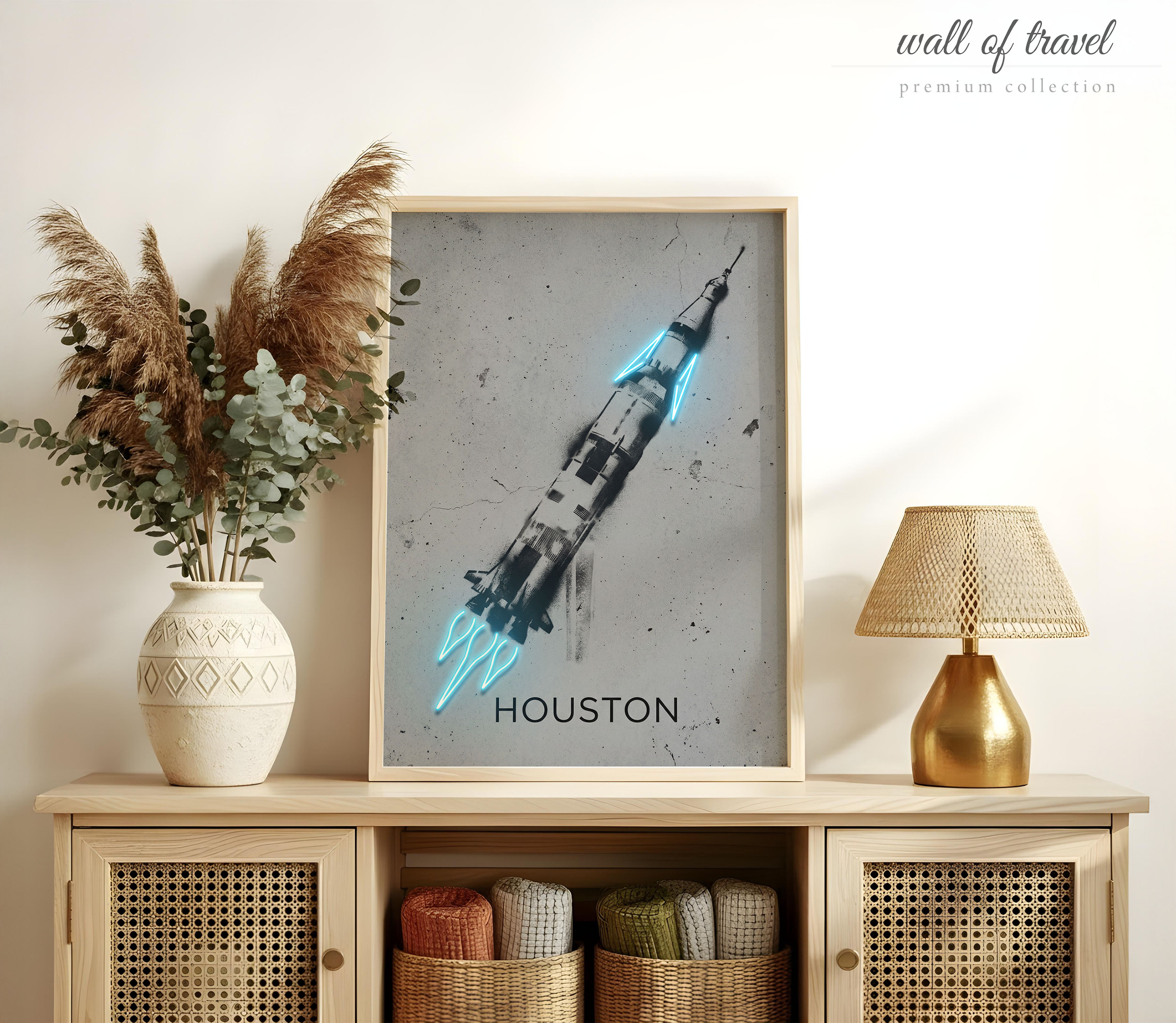 Houston Texas Saturn V Rocket Art, Canvas or Poster, Neon Paint Splash Decor, Office Game Room Living Room Wall Art, Blue Black Grey White
