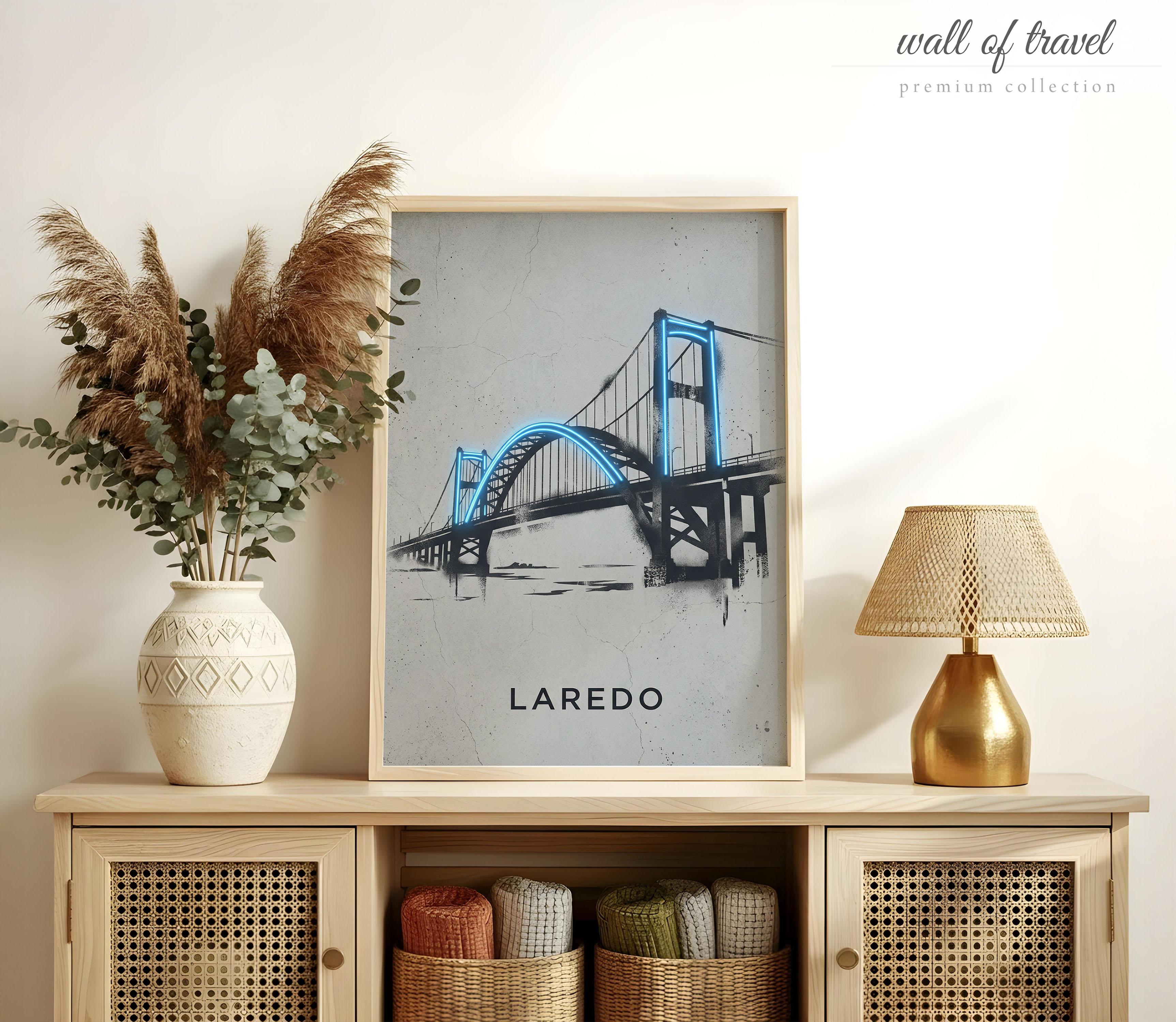 Laredo Texas International Bridge Art, Canvas or Poster, Neon Paint Splash Decor, Living Room Office Entryway Wall Art, Blue Black Grey