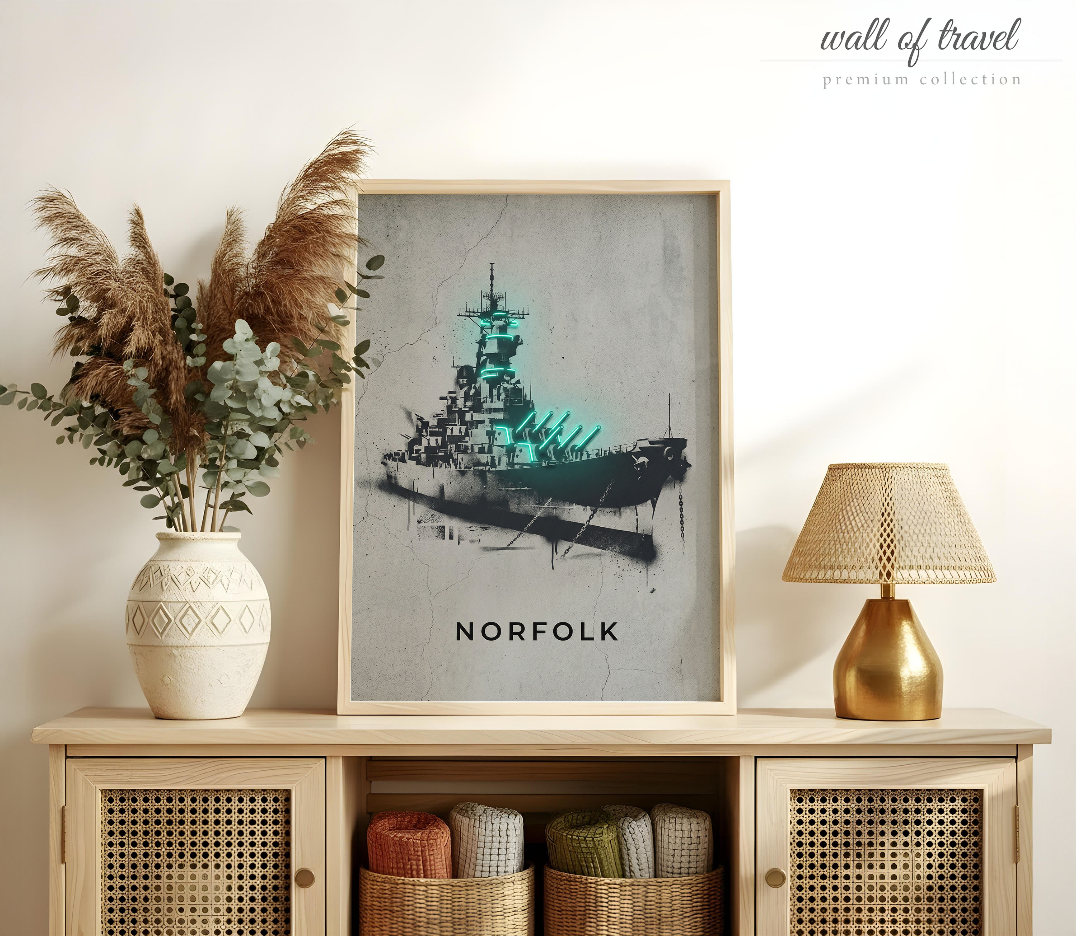 Norfolk Virginia Battleship Wisconsin Art, Canvas or Poster, Neon Paint Splash Decor, Office Home Bar Game Room Wall Art, Teal Black Grey