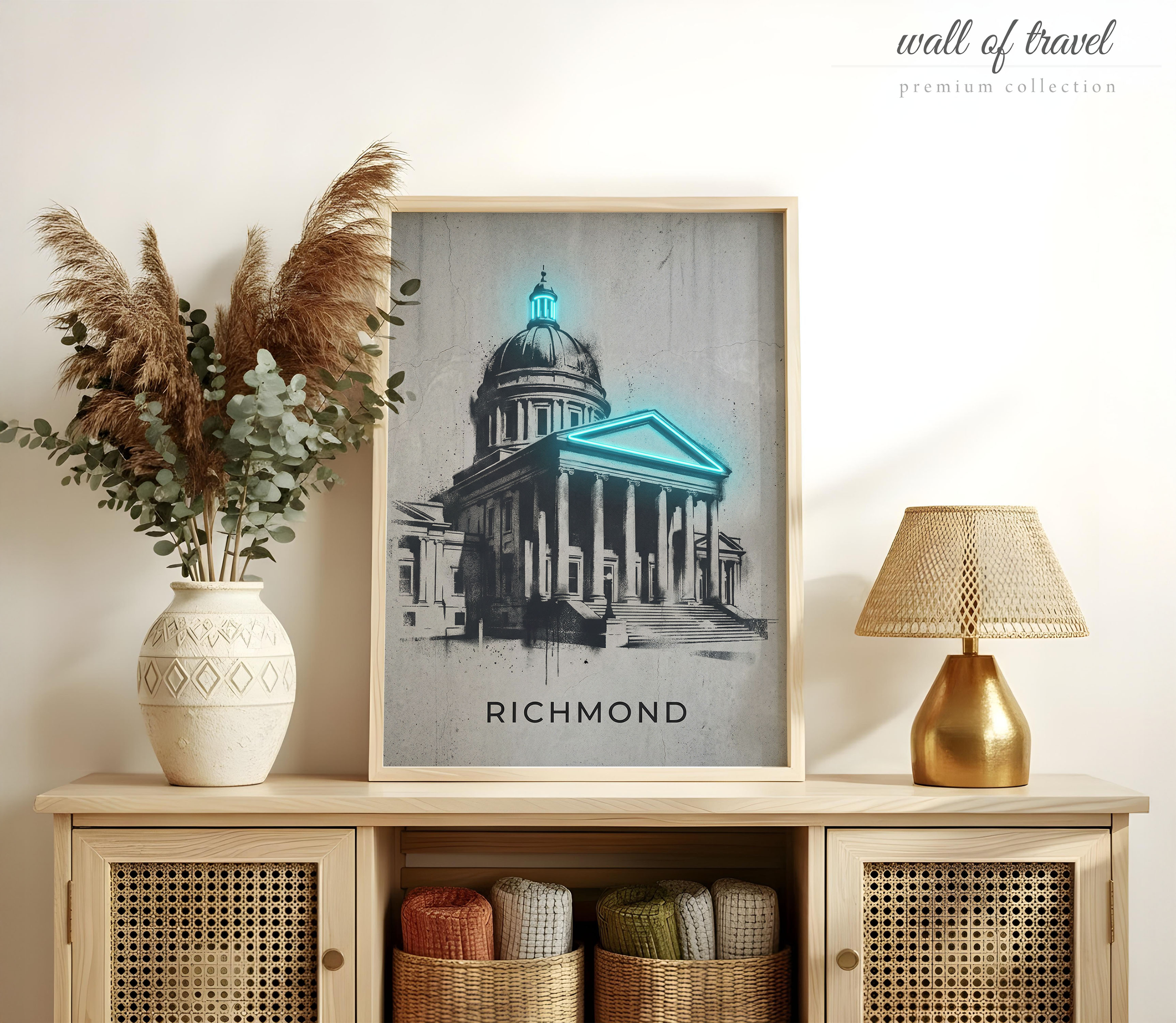 Richmond Virginia State Capitol Art, Canvas or Poster, Neon Paint Splash Decor, Living Room Entryway Office Study Wall Art, Blue Grey Black