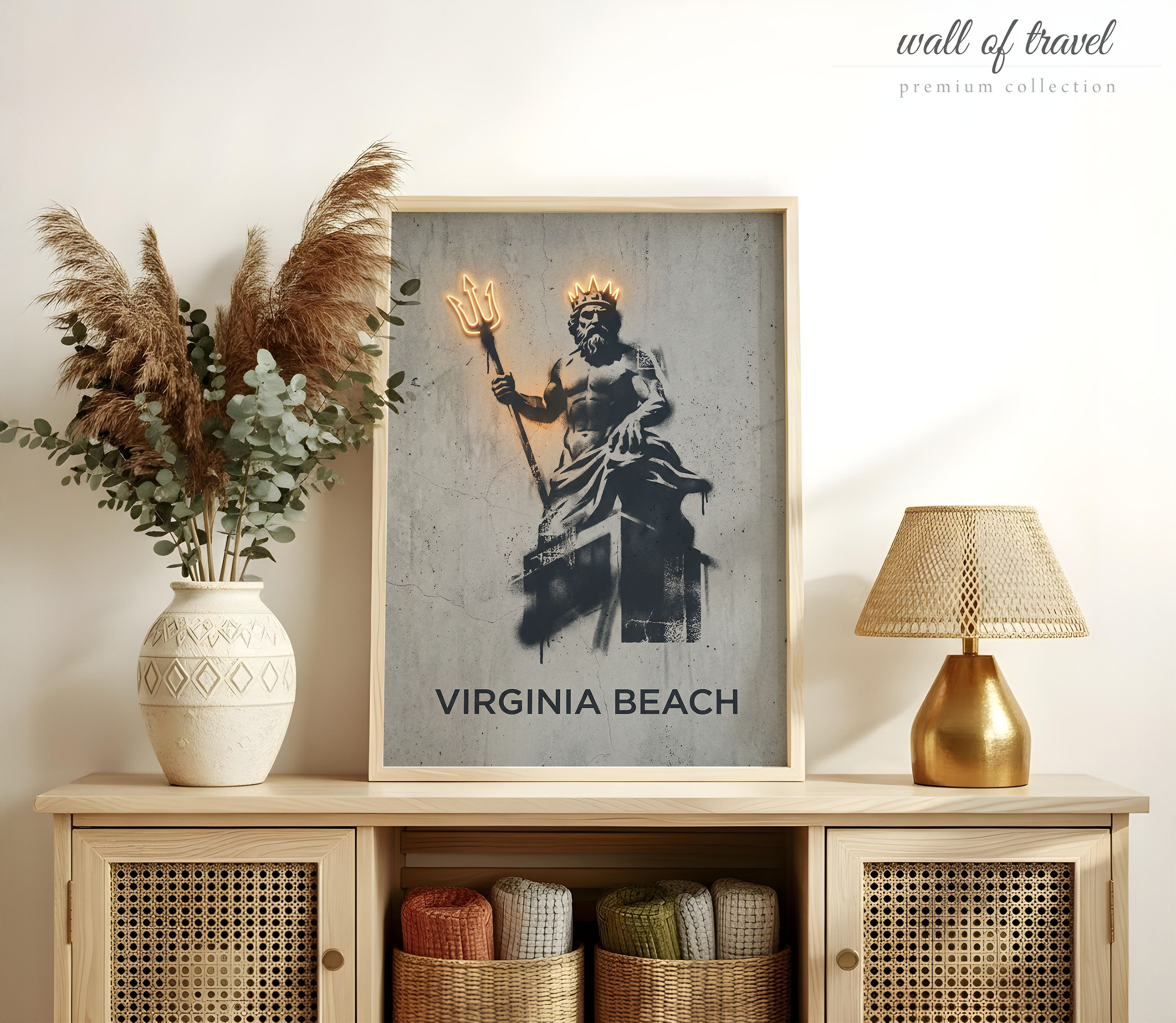 Virginia Beach King Neptune Statue Art, Canvas or Poster, Graffiti Pop Art Decor, Living Room Entryway Game Room Wall Art, Black Grey Gold
