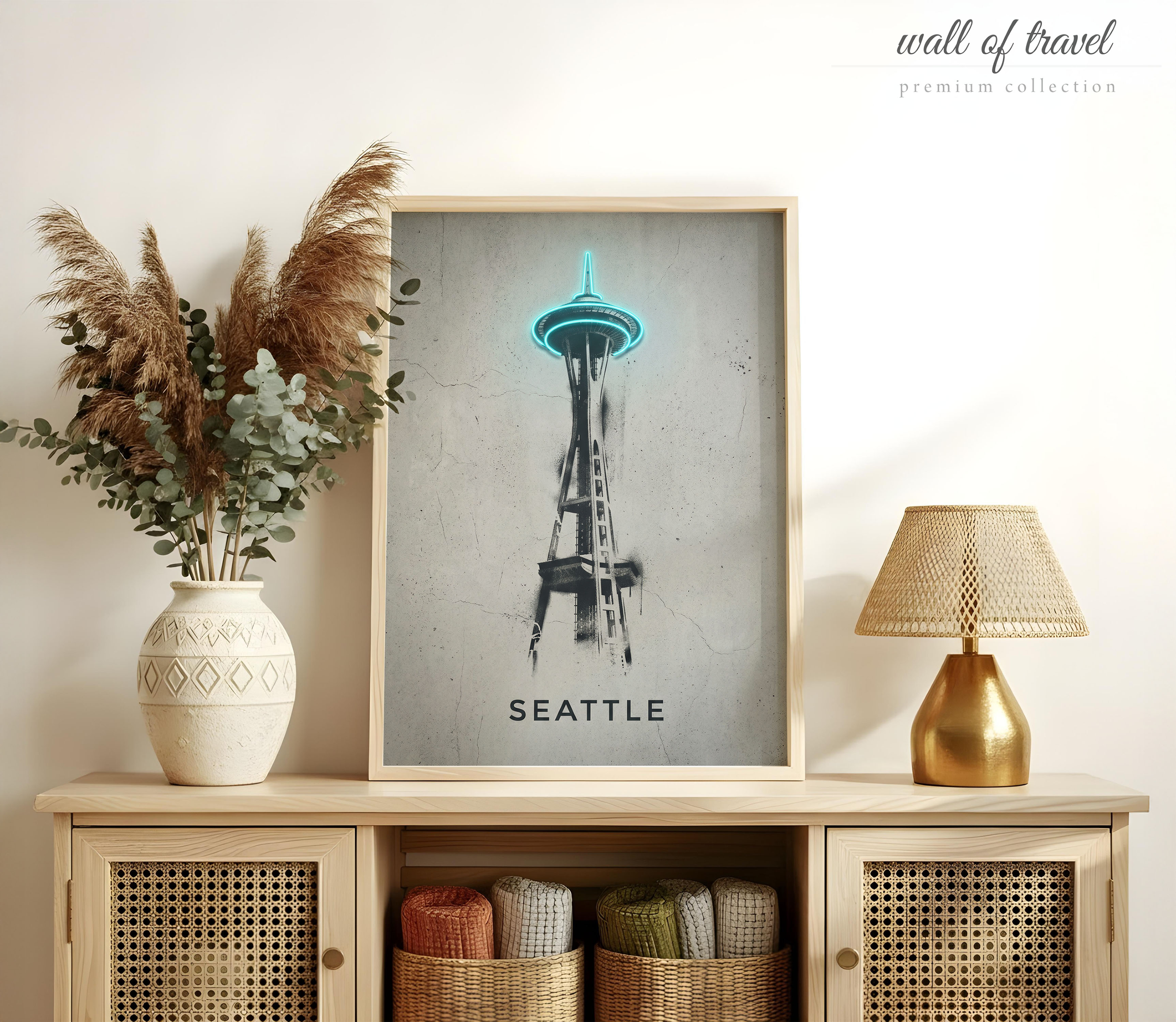 Seattle Washington Space Needle Art, Canvas or Poster, Neon Paint Splash Decor, Living Room Office Entryway Wall Art, Blue Black White Grey