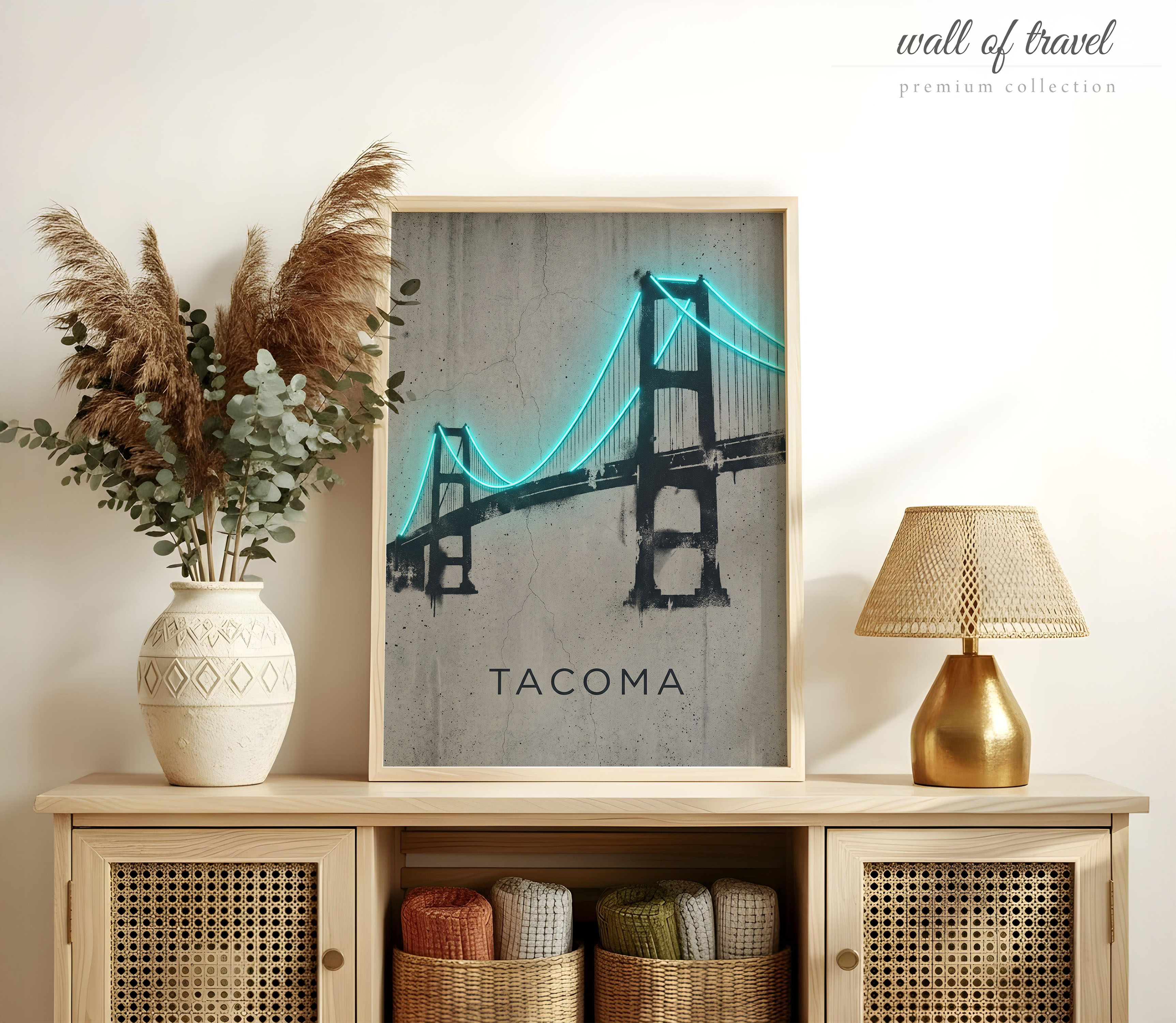 Tacoma Washington Narrows Bridge Art, Canvas or Poster, Neon Paint Splash Decor, Living Room Office Entryway Wall Art, Turquoise Black Grey