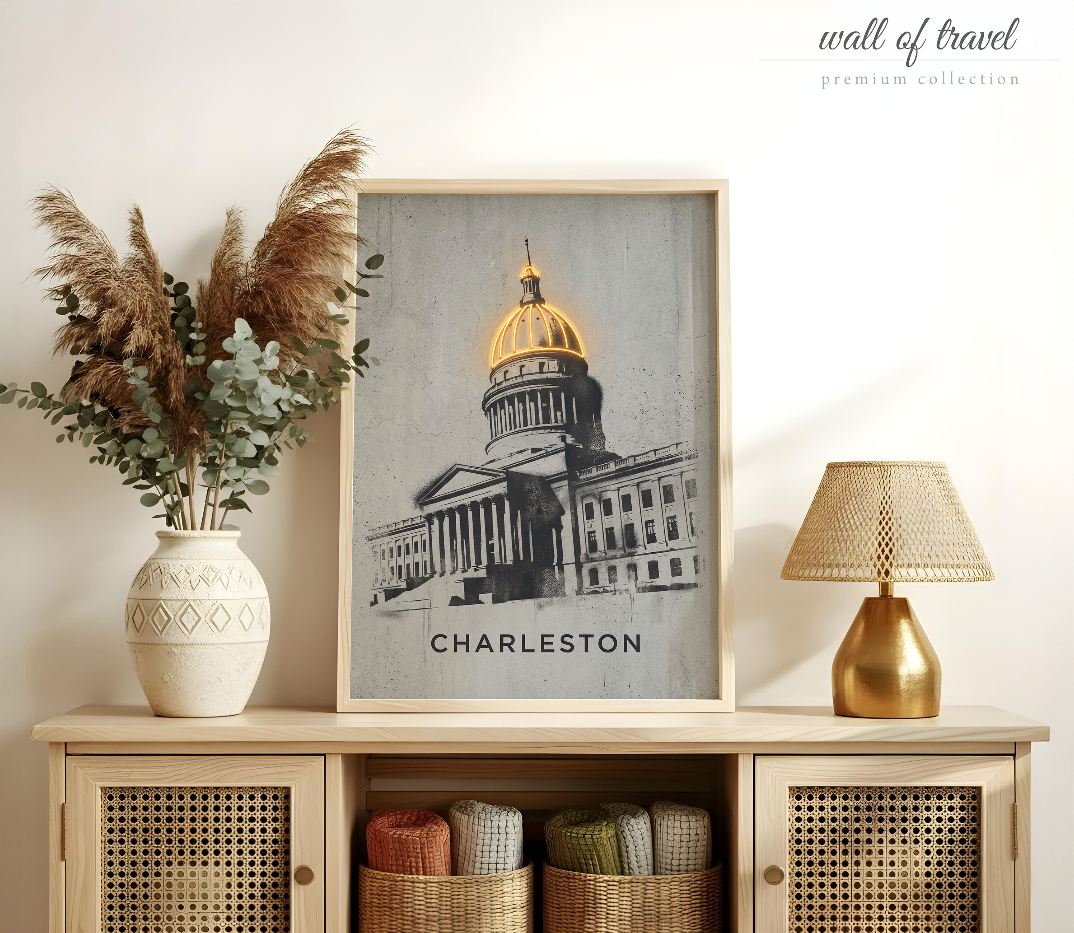 Charleston West Virginia State Capitol Building Art, Canvas or Poster, Neon Paint Splash Decor, Living Room Office Entryway Wall Art, Grey