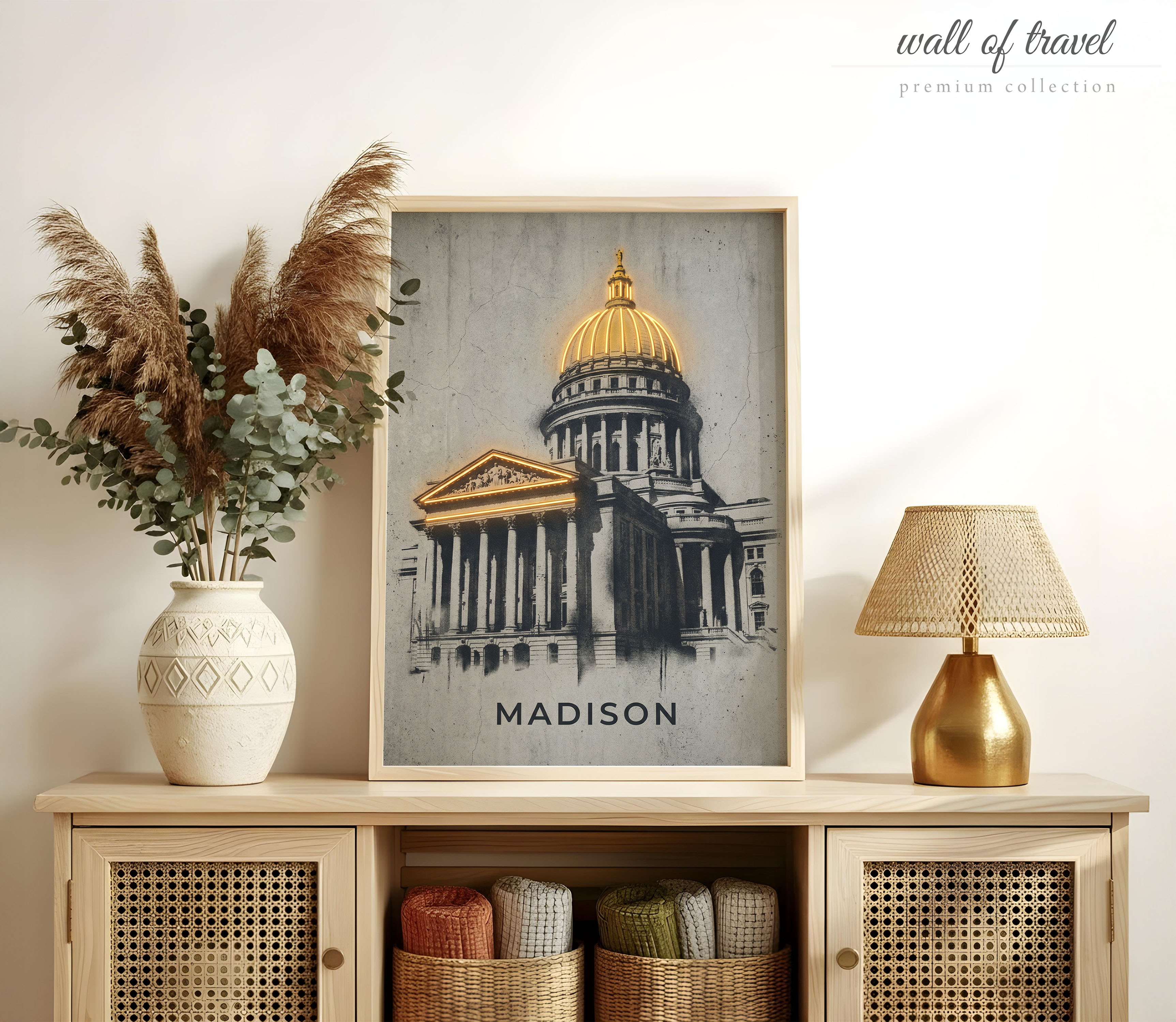 Madison Wisconsin State Capitol Building Art, Canvas or Poster, Vintage Travel Deco Decor, Living Room Office Entryway Wall Art, Gold Grey