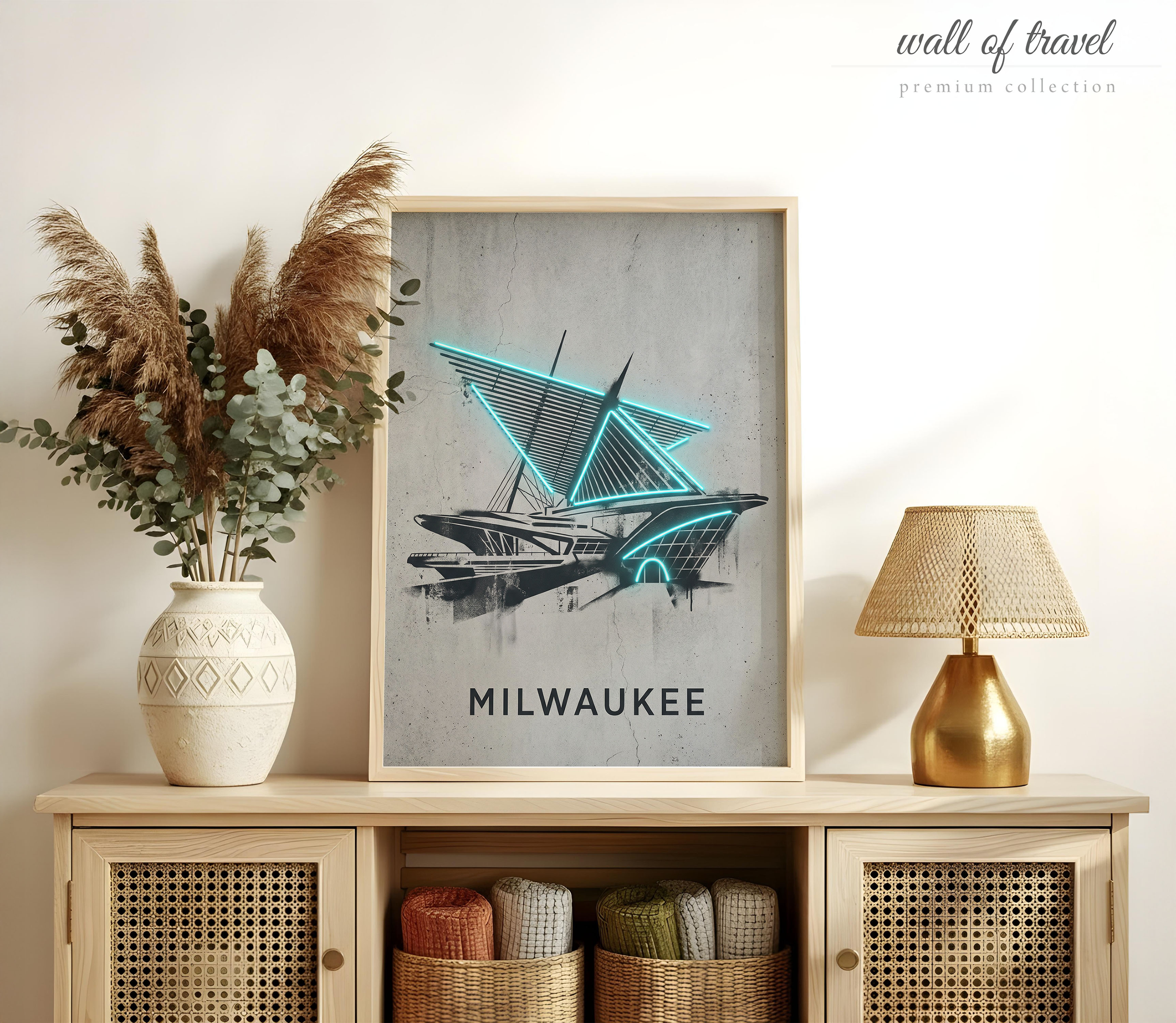 Milwaukee Wisconsin Quadracci Pavilion Art, Canvas or Poster, Neon Paint Splash Decor, Living Room Office Entryway Wall Art, Teal Black Grey