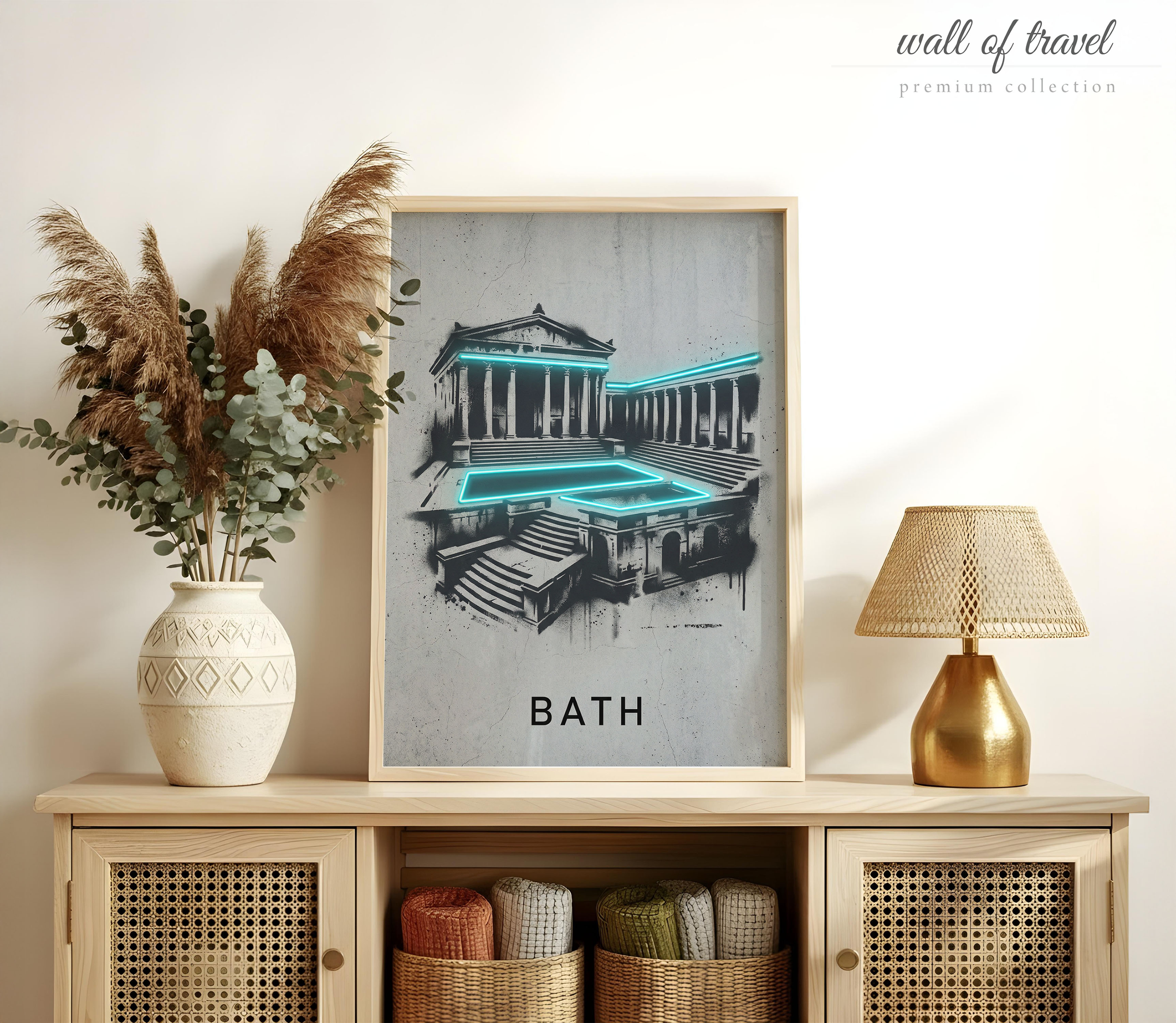 Bath England Roman Baths Art, Canvas or Poster, Neon Paint Splash Decor, Living Room Entryway Study Vacation Home Wall Art, Teal Grey White