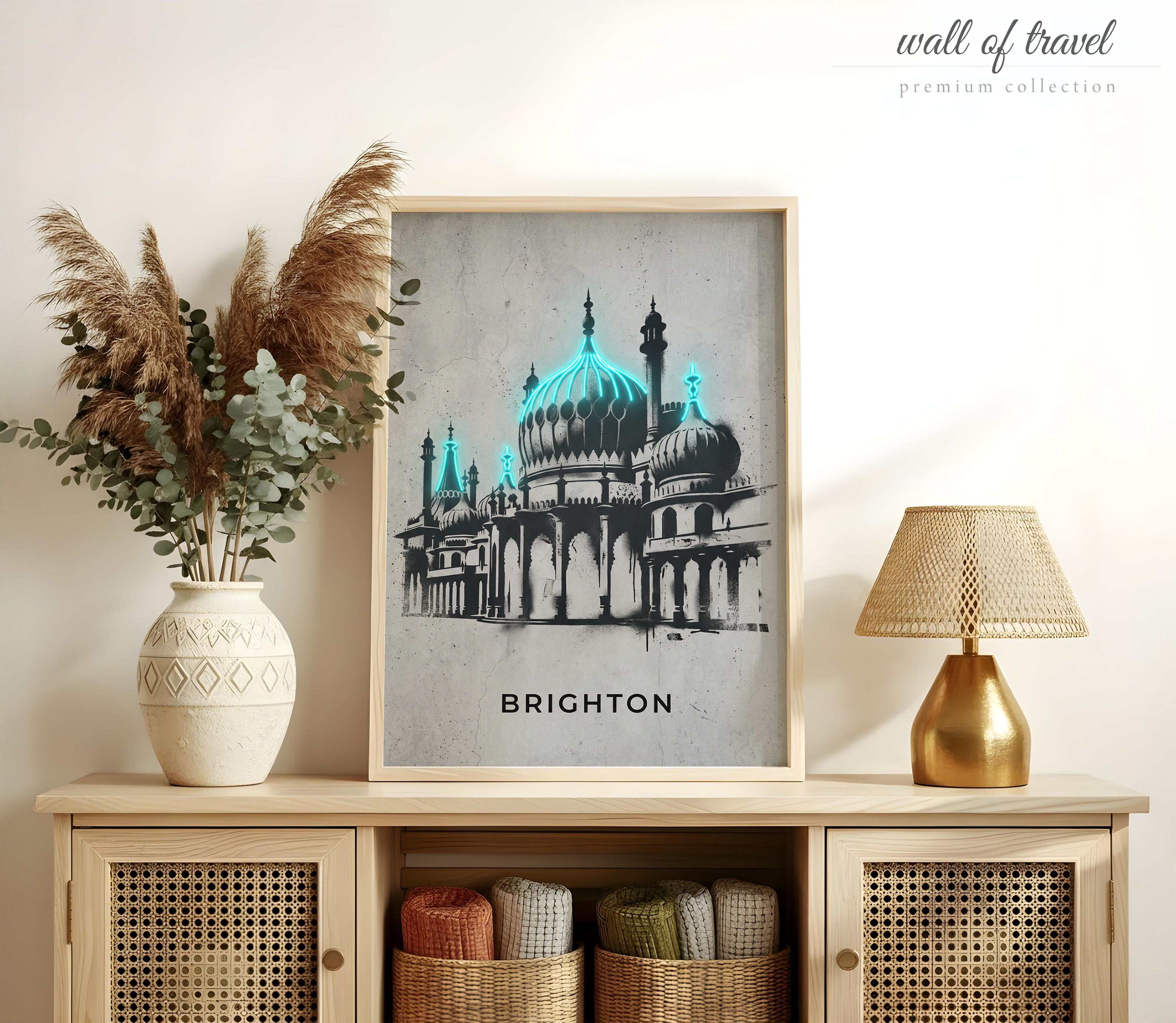 Brighton England Royal Pavilion Art, Canvas or Poster, Neon Paint Splash Decor, Living Room Bedroom Office Wall Art, Teal Black White Grey