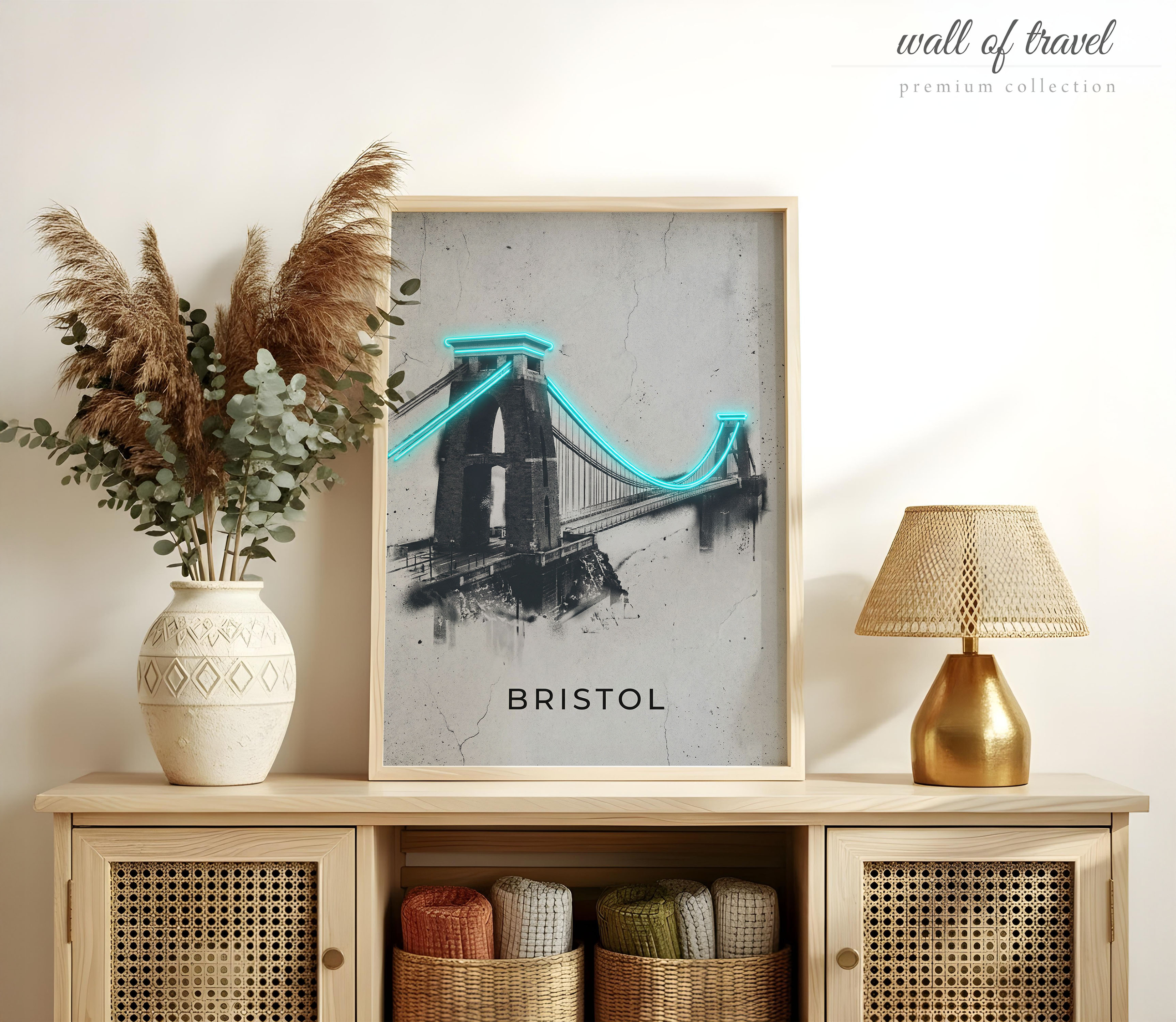 Bristol England Clifton Suspension Bridge Art, Canvas or Poster, Neon Paint Splash Decor, Living Room Office Den Wall Art, Blue Black Grey