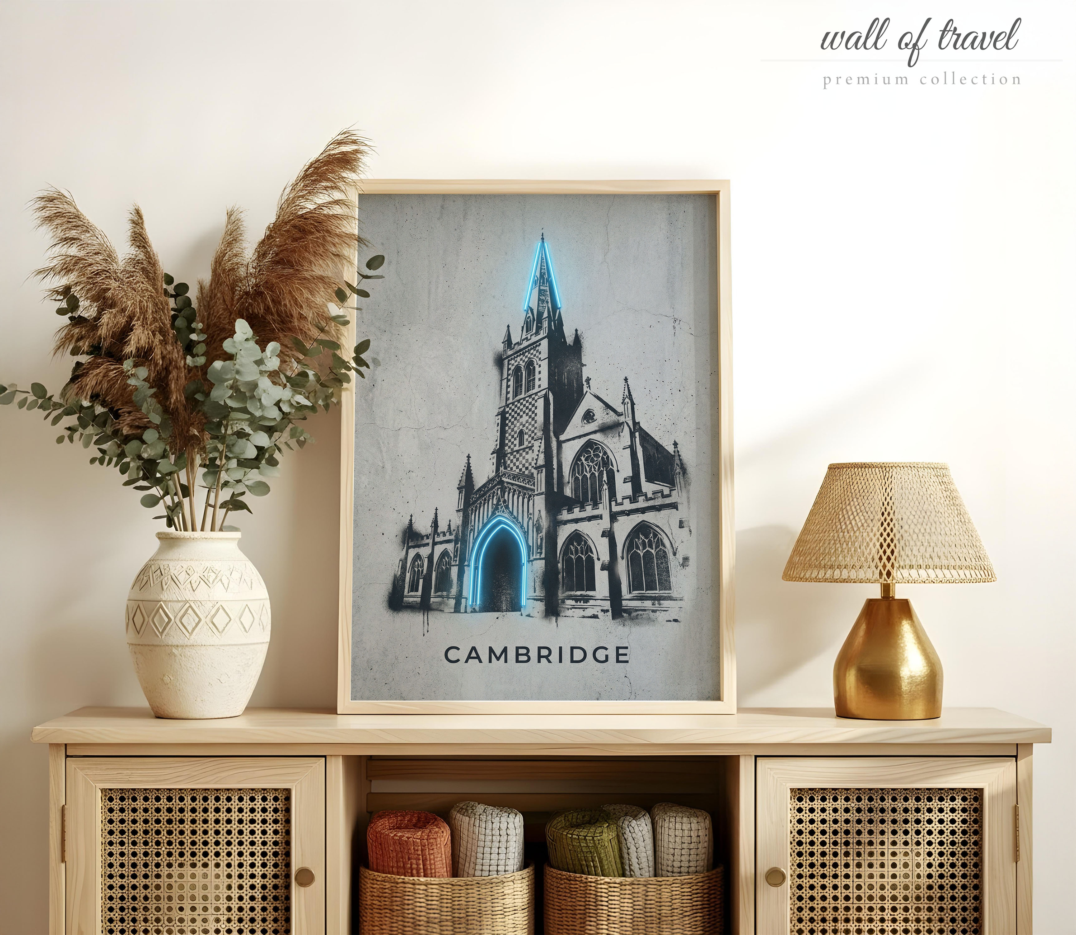 Cambridge United Kingdom St. Mary's Church Tower Art, Canvas or Poster, Graffiti Pop Art Decor, Living Room Office Study Wall Art, Blue