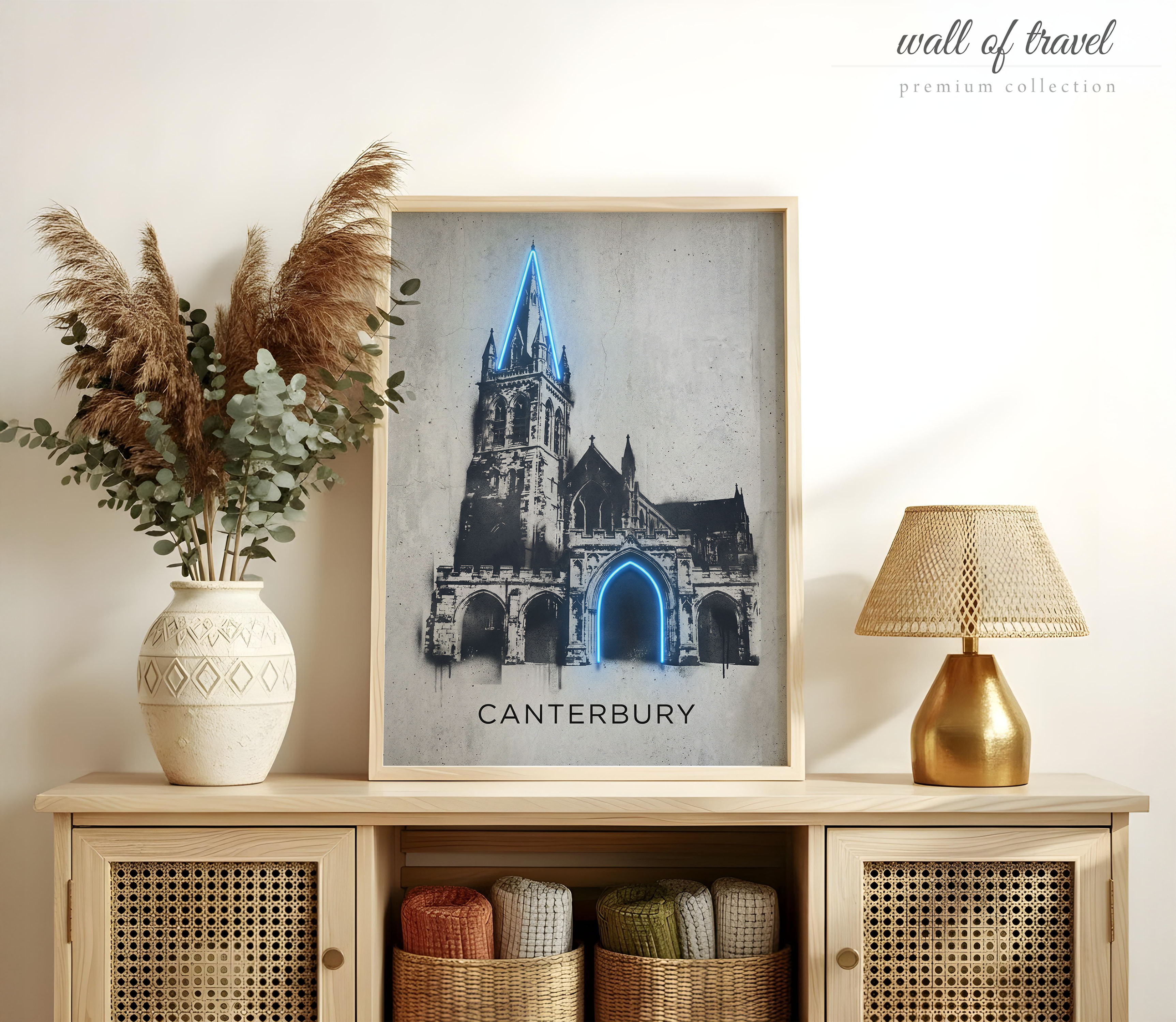 Canterbury England Canterbury Cathedral Art, Canvas or Poster, Neon Paint Splash Decor, Living Room Entryway Study Wall Art, Black Blue Grey