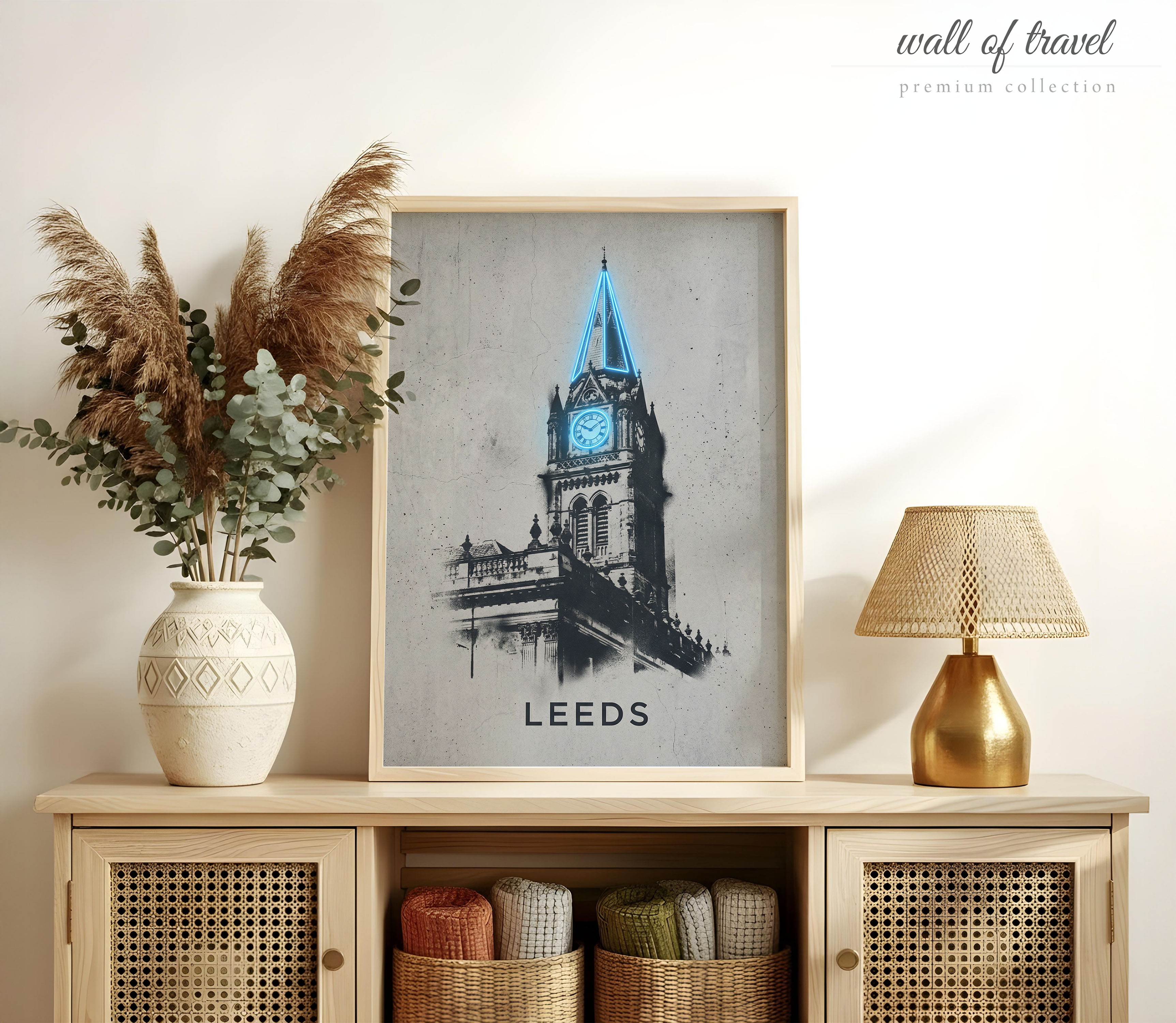 Leeds England Leeds Clock Tower Art, Canvas or Poster, Neon Paint Splash Decor, Living Room Office Entryway Wall Art, Blue Black Grey