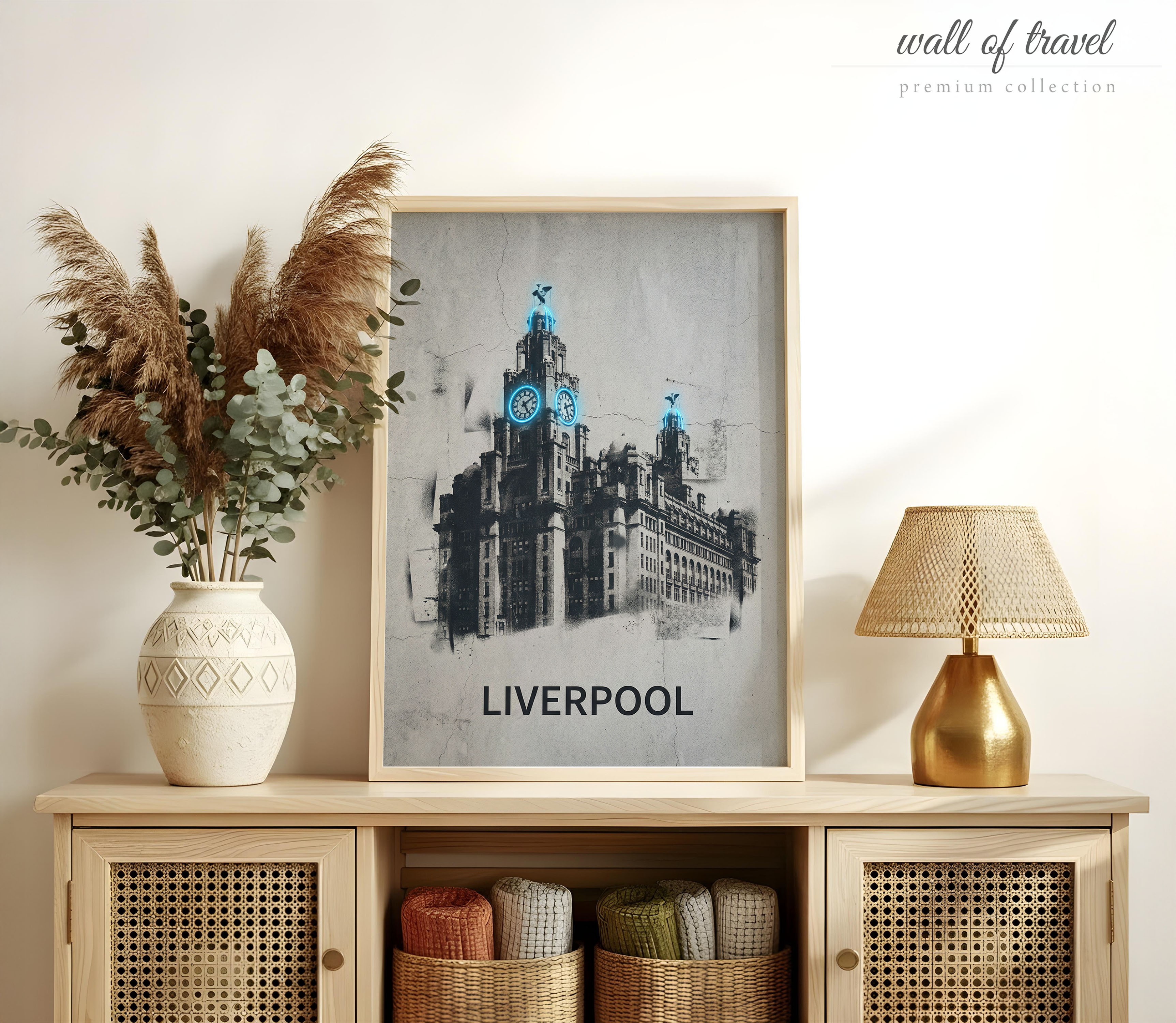 Liverpool England Royal Liver Building Art, Canvas or Poster, Neon Paint Splash Decor, Living Room Office Entryway Wall Art, White Blue