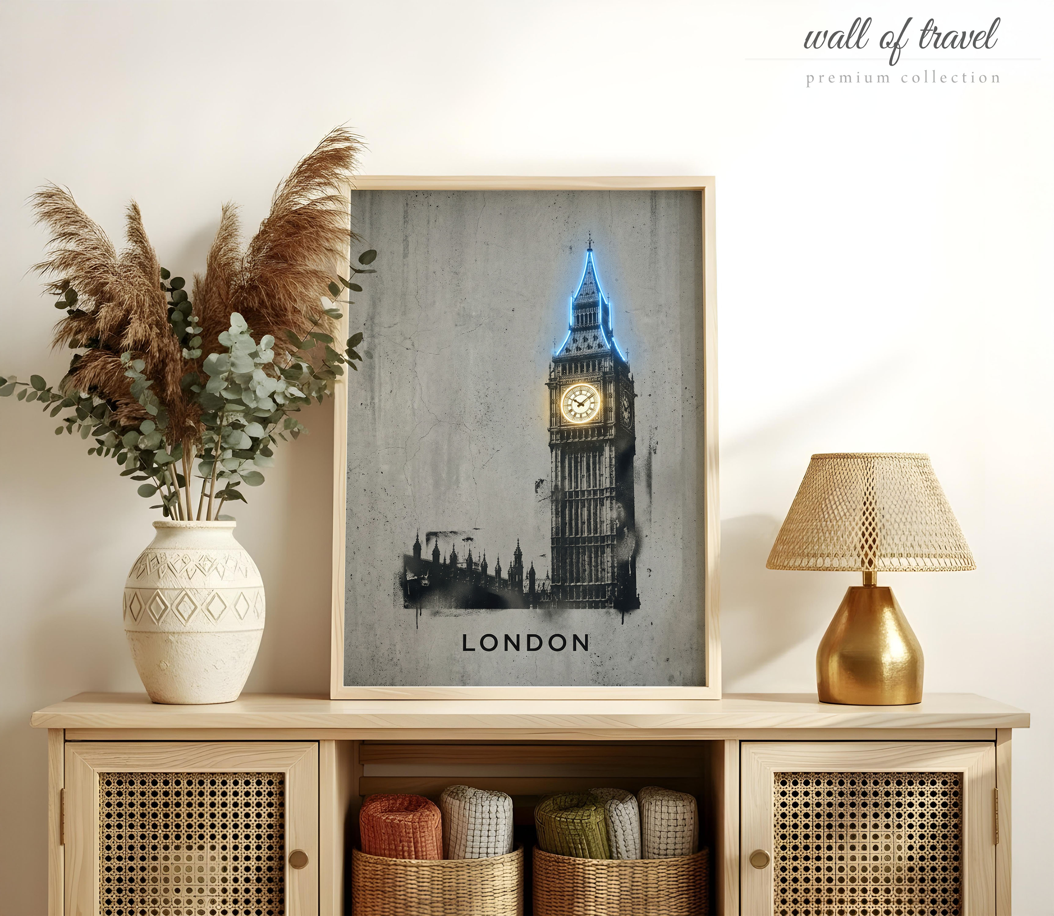 London England Big Ben Art, Canvas or Poster, Neon Paint Splash Decor, Living Room Entryway Office Vacation Home Wall Art, Blue Black Grey