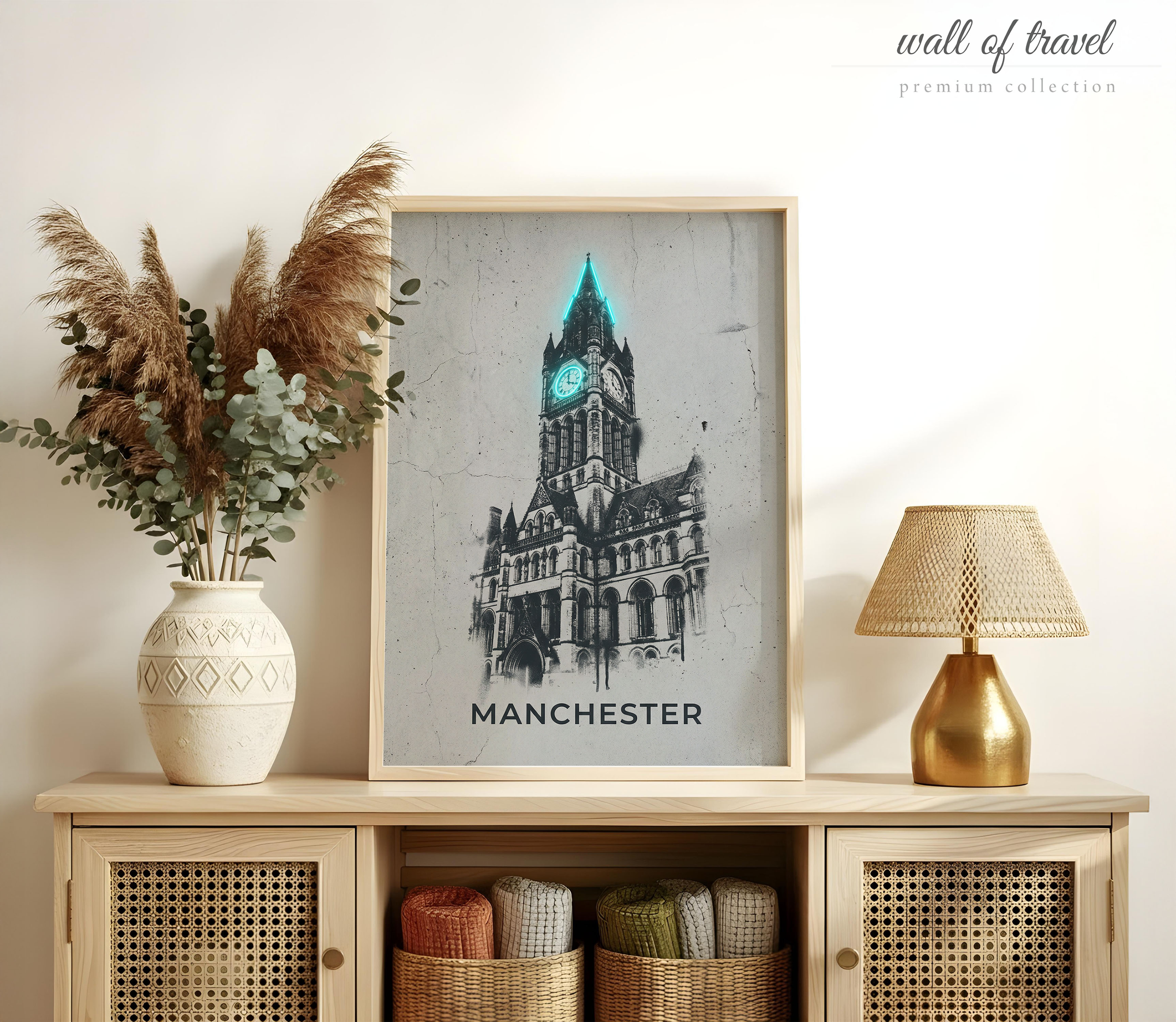 Manchester England Town Hall Art, Canvas or Poster, Neon Paint Splash Decor, Living Room Office Entryway Wall Art, Teal Black Grey White