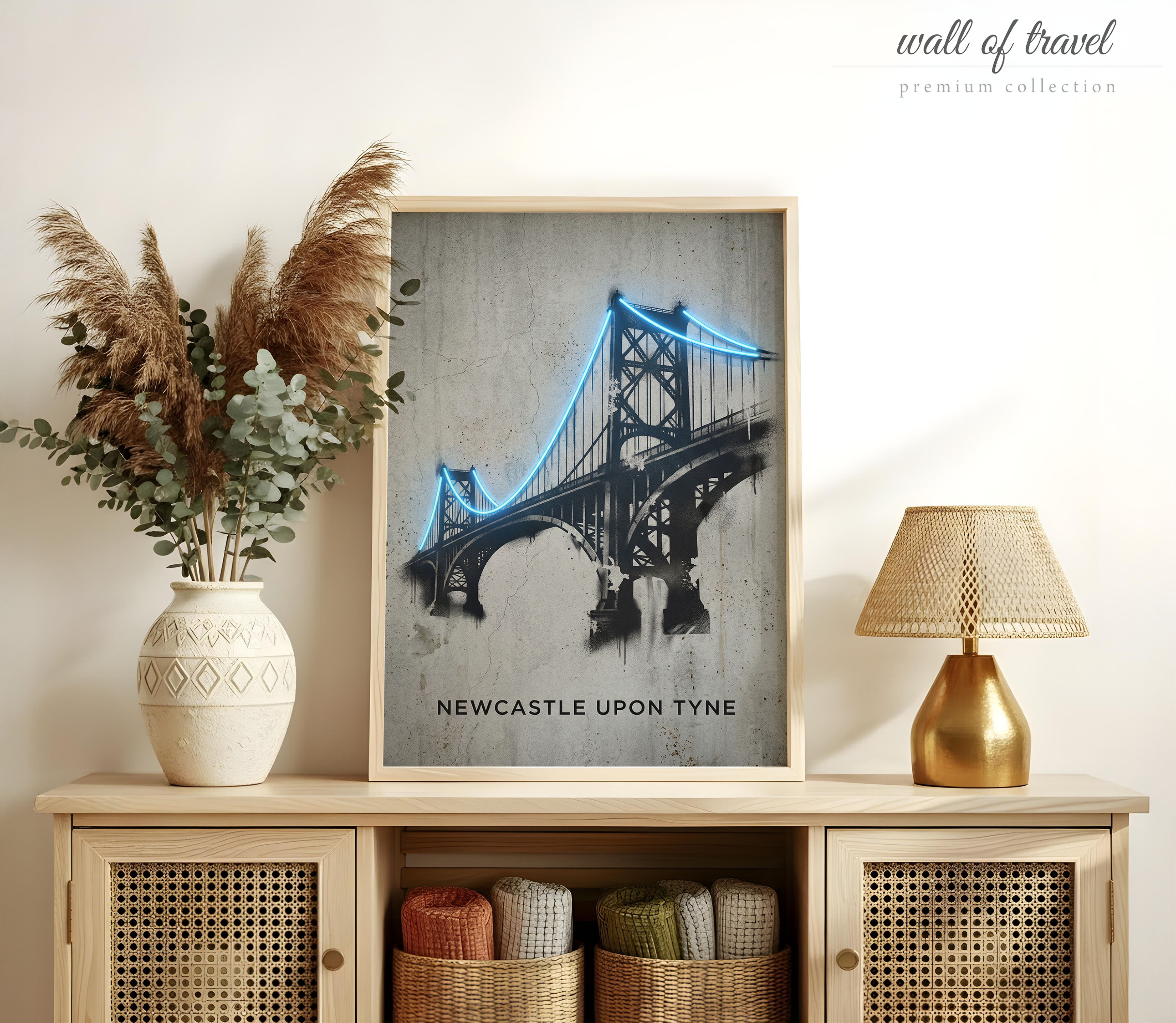 Newcastle upon Tyne England Tyne Bridge Art, Canvas or Poster, Neon Paint Splash Decor, Living Room Office Hallway Wall Art, Blue Black Grey