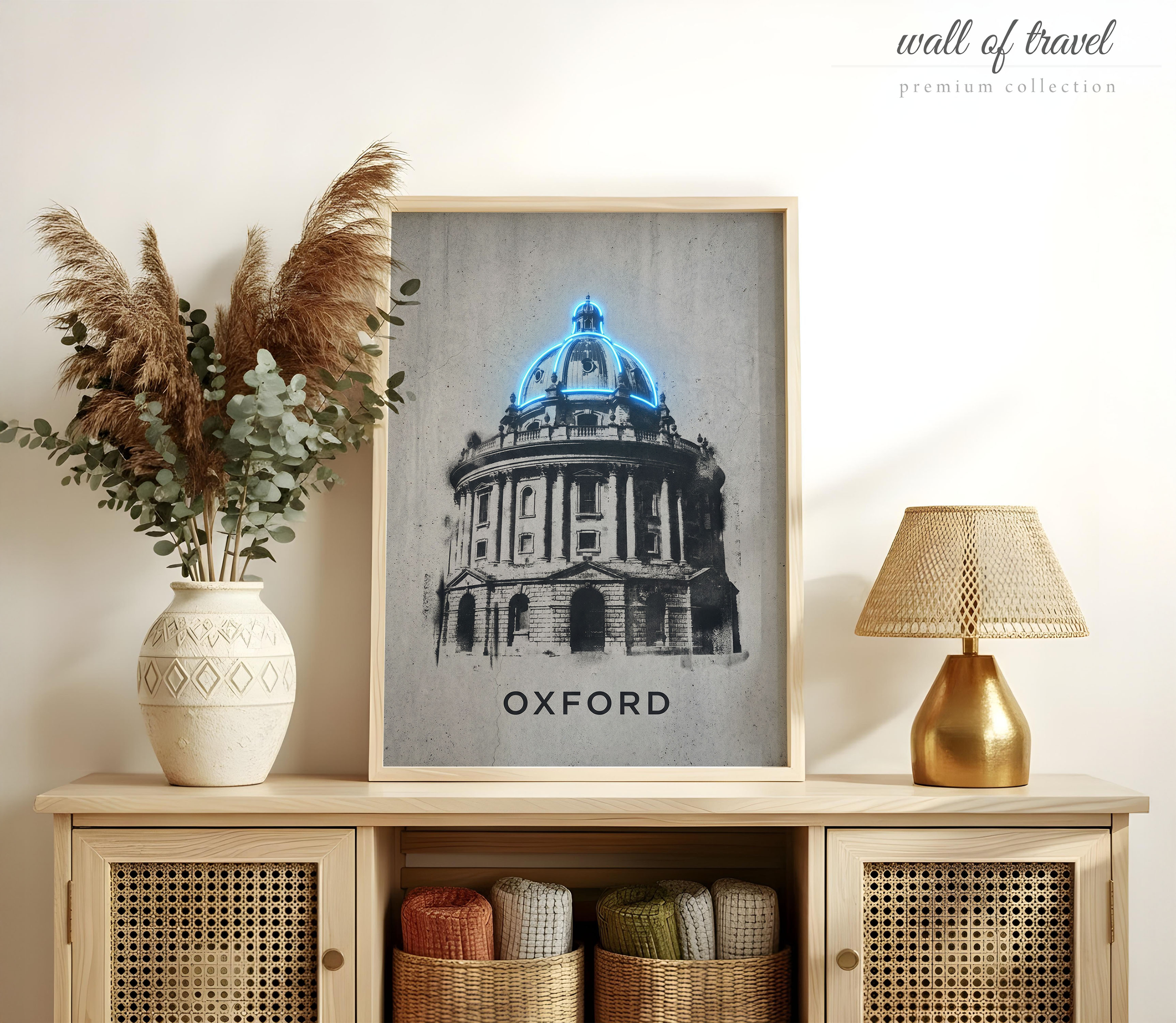 Oxford England Radcliffe Camera Art, Canvas or Poster, Neon Paint Splash Decor, Living Room Office Study Wall Art, Blue Black White Grey