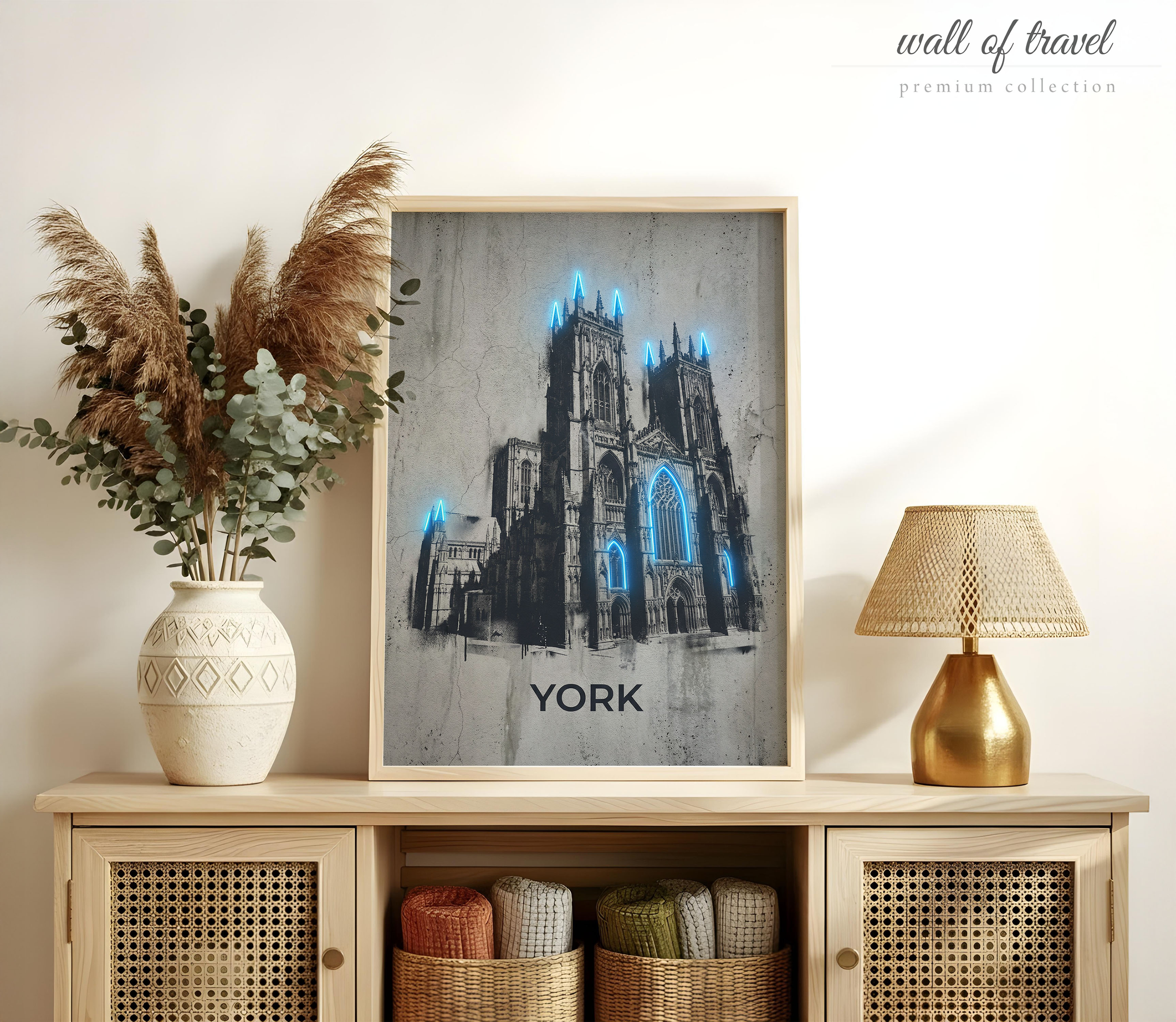York England Minster Art, Canvas or Poster, Neon Paint Splash Decor, Living Room Entryway Office Vacation Home Wall Art, Blue Grey White