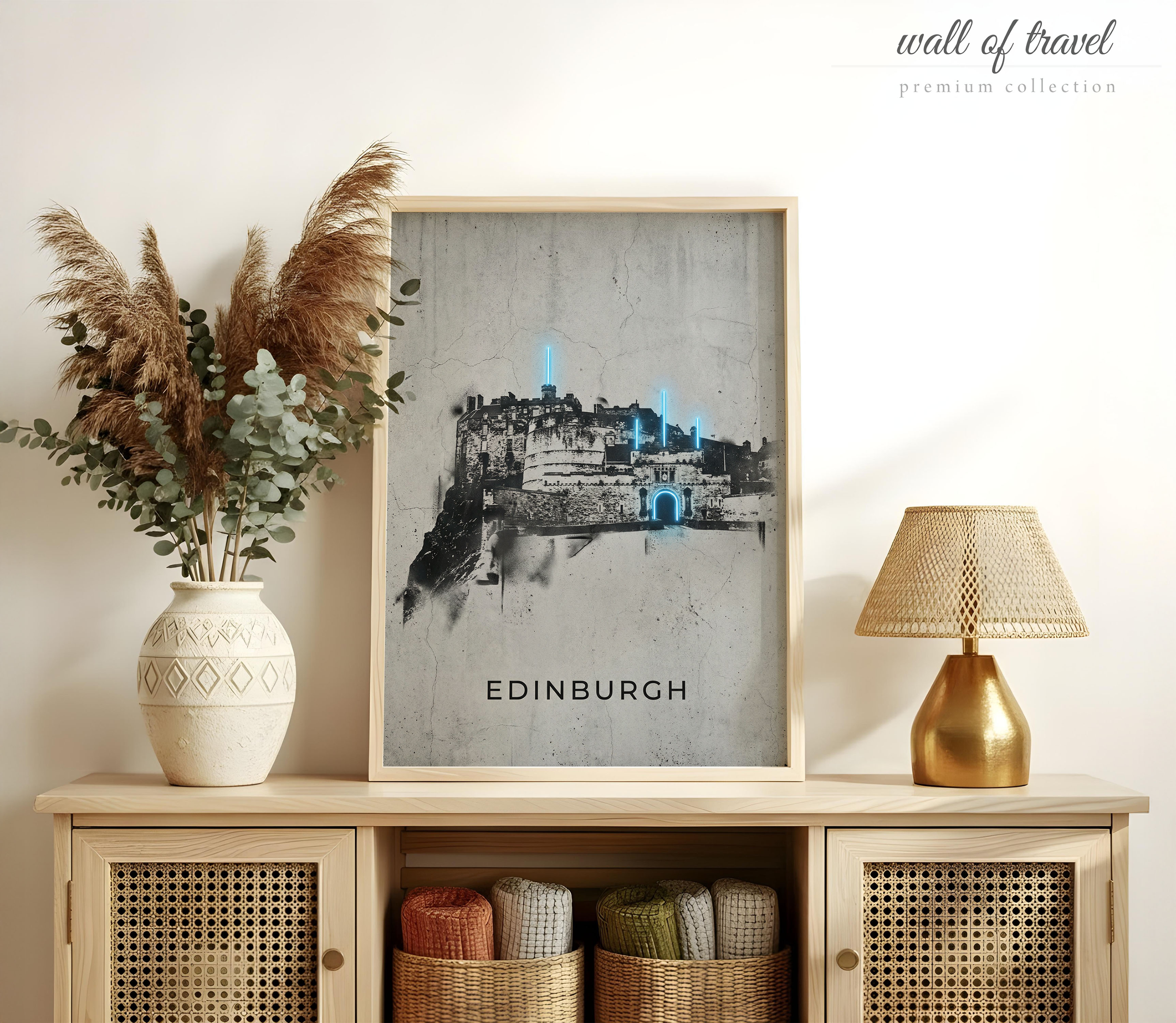 Edinburgh Scotland Edinburgh Castle Art, Canvas or Poster, Neon Paint Splash Decor, Living Room Office Entryway Wall Art, Black Grey Blue
