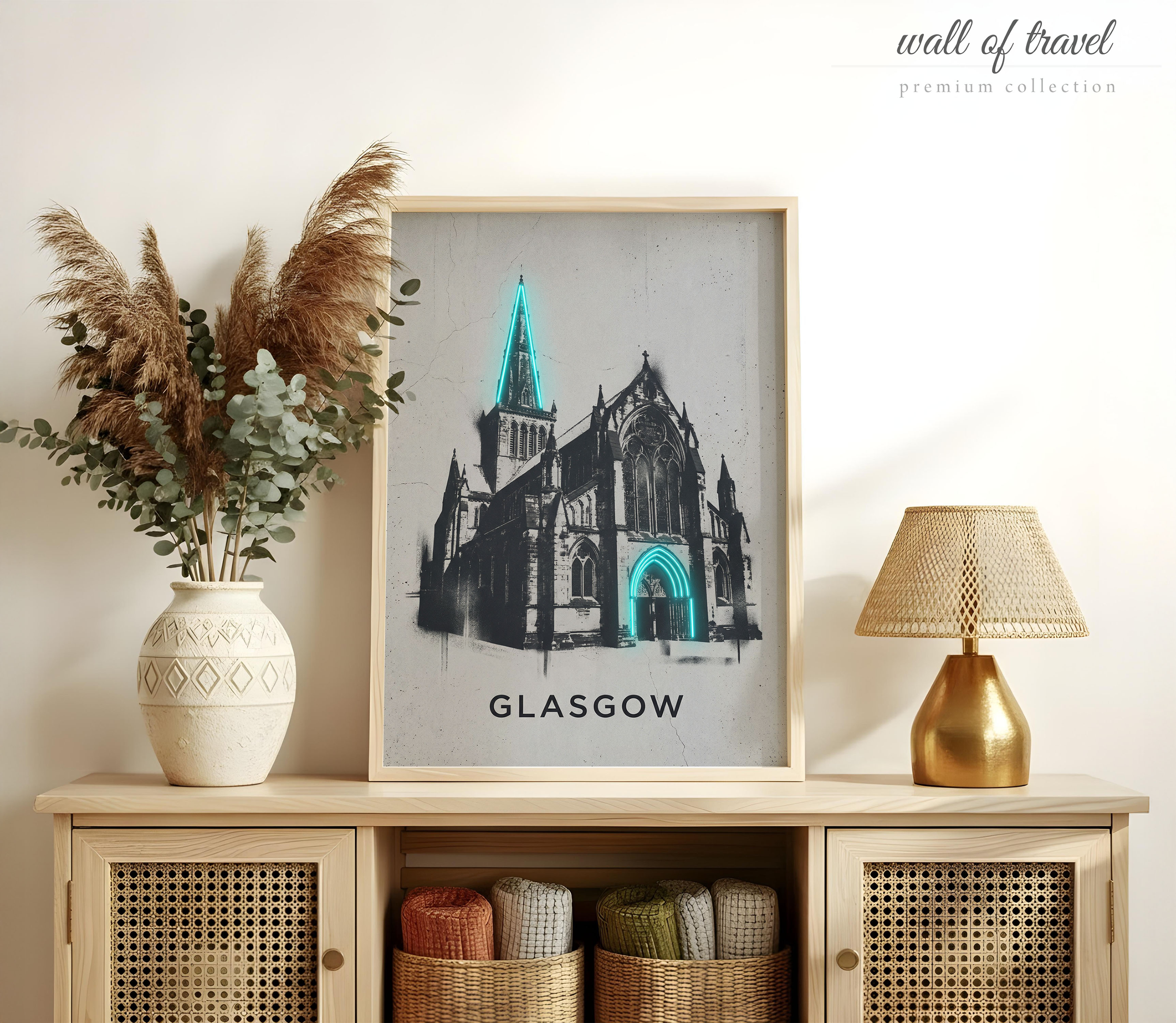 Glasgow Scotland Glasgow Cathedral Art, Canvas or Poster, Neon Paint Splash Decor, Living Room Office Entryway Wall Art, Teal Black White
