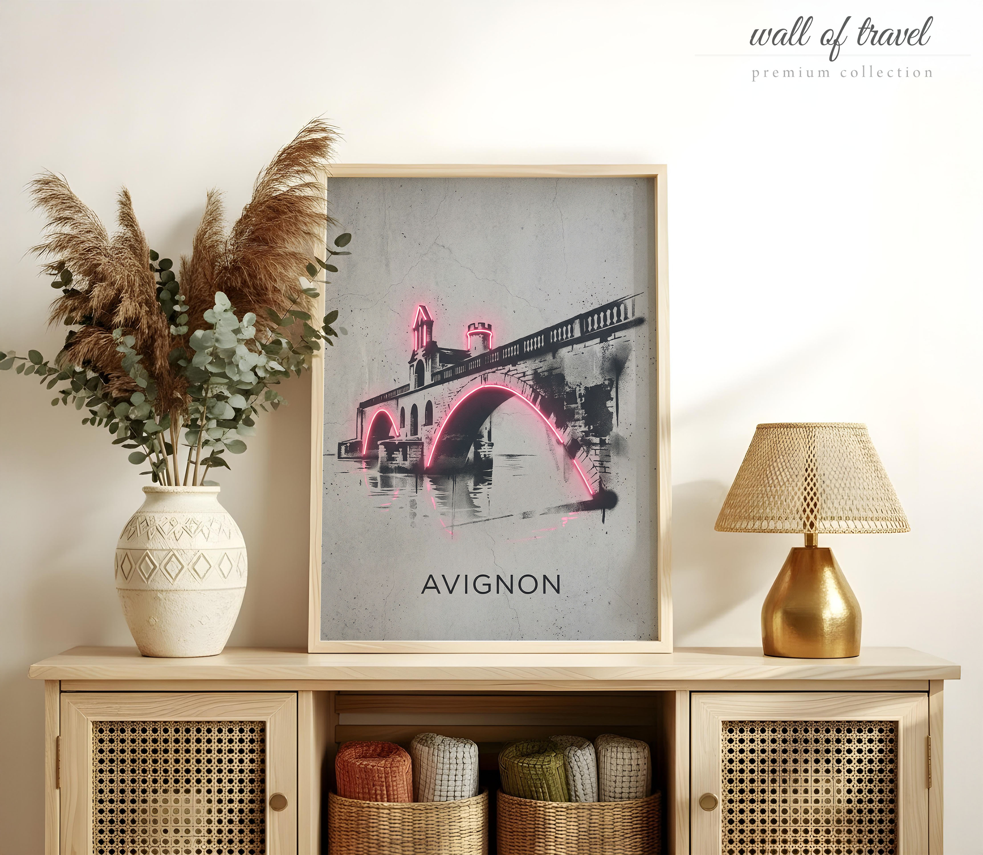 Avignon France Pont d'Avignon Art, Canvas or Poster, Neon Paint Splash Decor, Living Room Entryway Office Wall Art, Black White Pink Grey