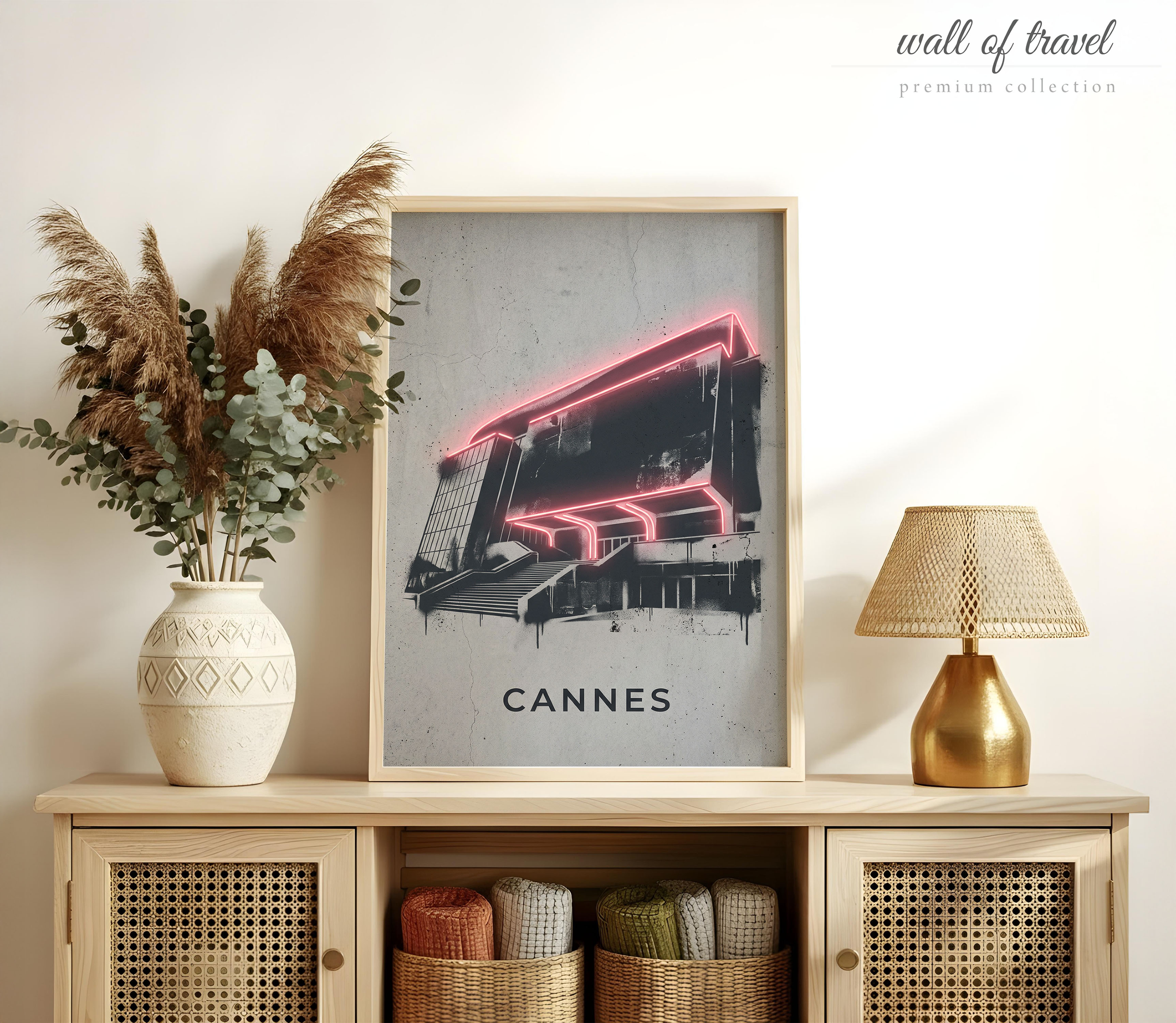Cannes France Palais des Festivals et Congrès Art, Canvas or Poster, Neon Paint Splash Decor, Living Room Office Den Wall Art, Pink Grey