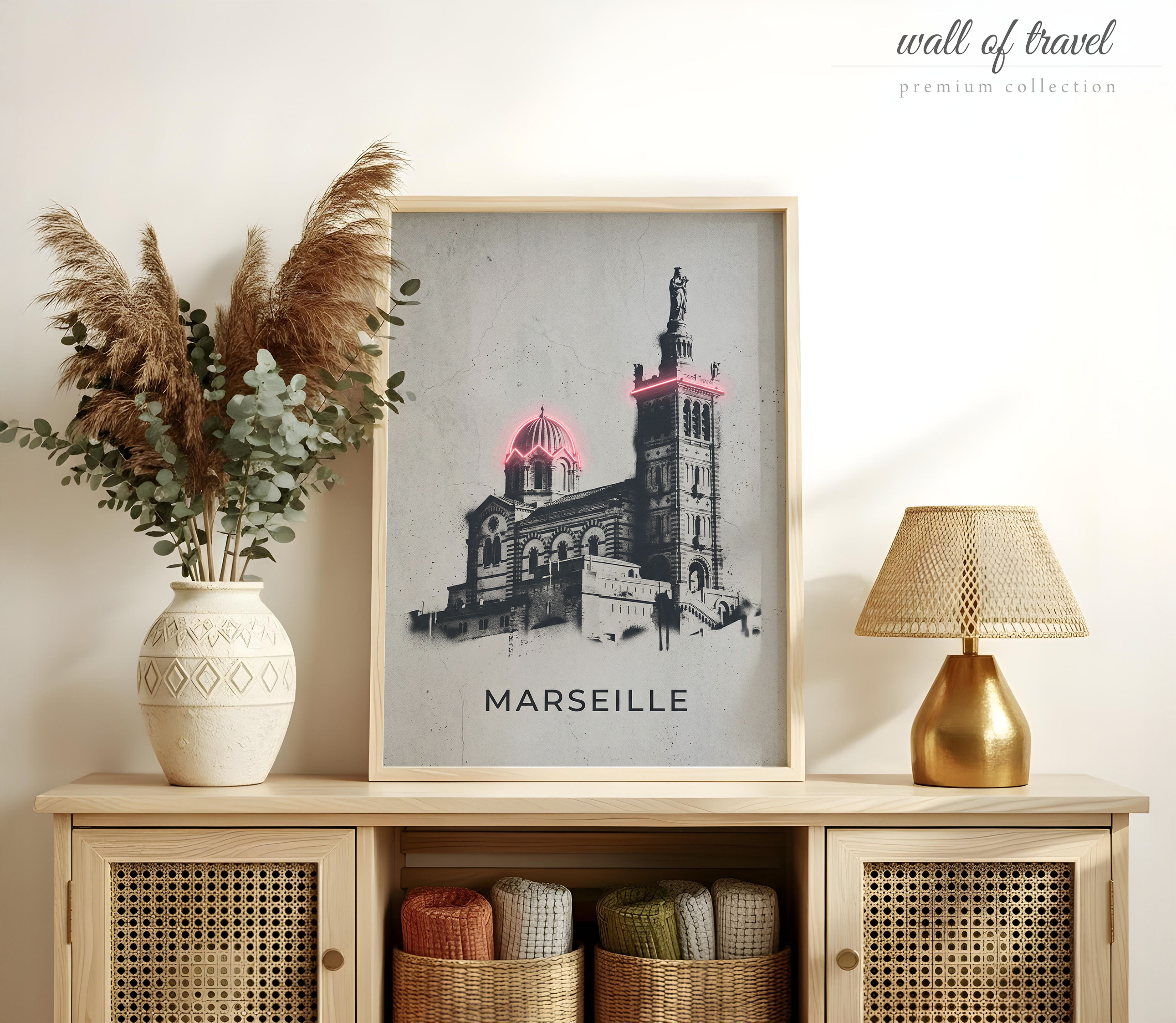 Marseille France Notre-Dame de la Garde Basilica Art, Canvas or Poster, Neon Paint Splash Decor, Living Room Entryway Home Bar Wall Art, Red