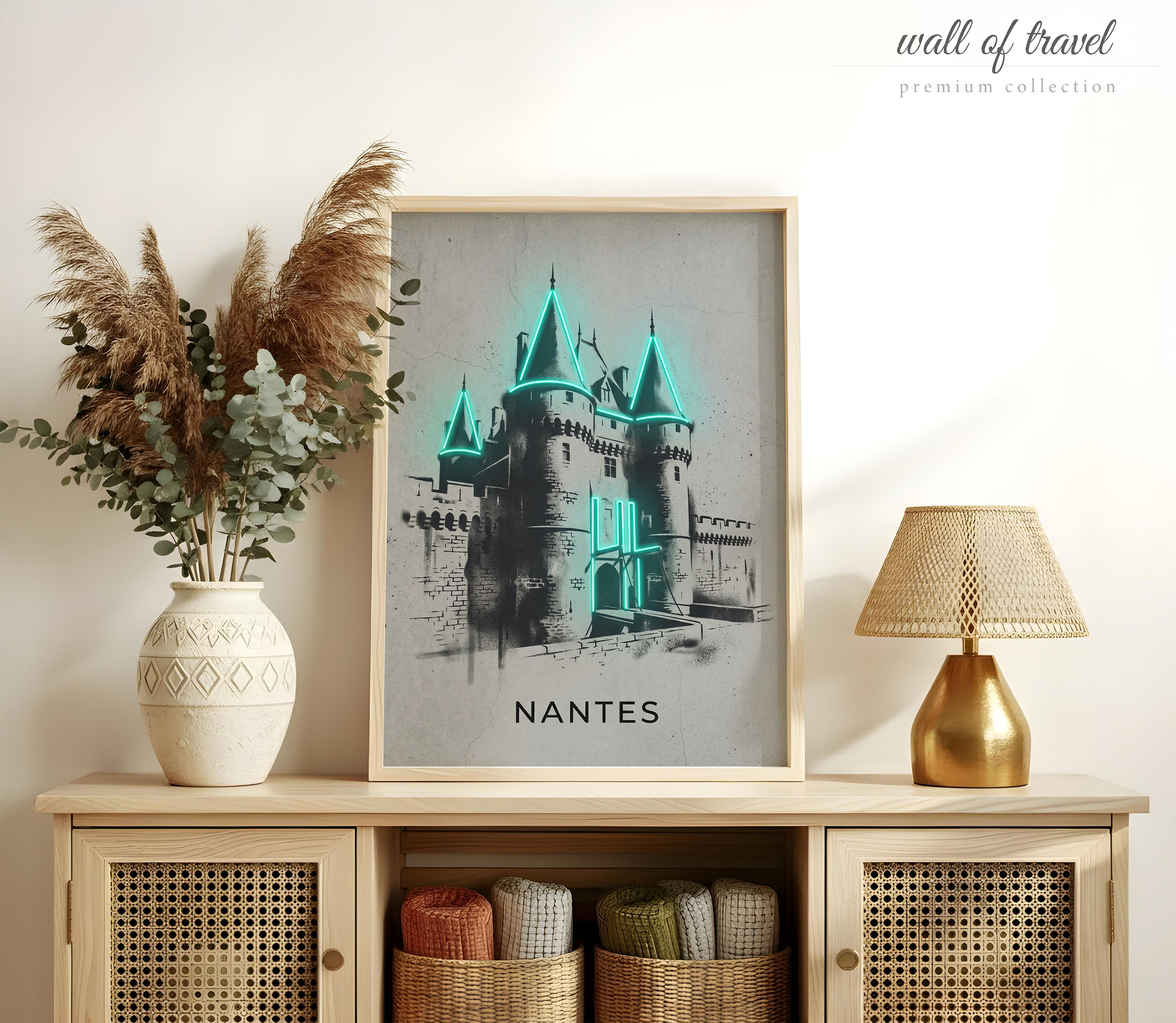 Nantes France Château des Ducs de Bretagne Art, Canvas or Poster, Neon Paint Splash Decor, Living Room Bedroom Office Wall Art, Teal White