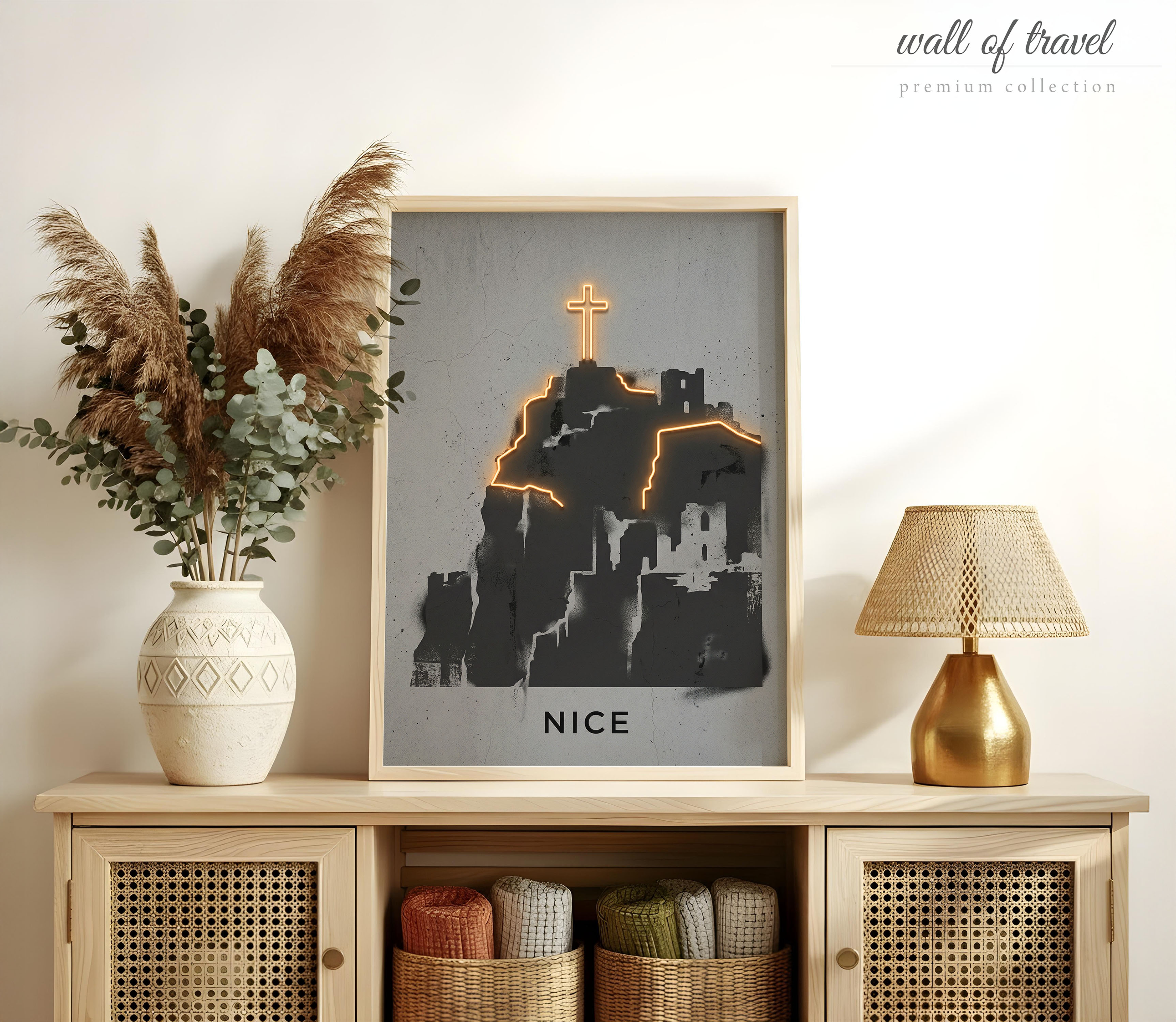 Nice France Castle Hill Art, Canvas or Poster, Neon Paint Splash Decor, Living Room Entryway Vacation Home Wall Art, Orange Black Grey White