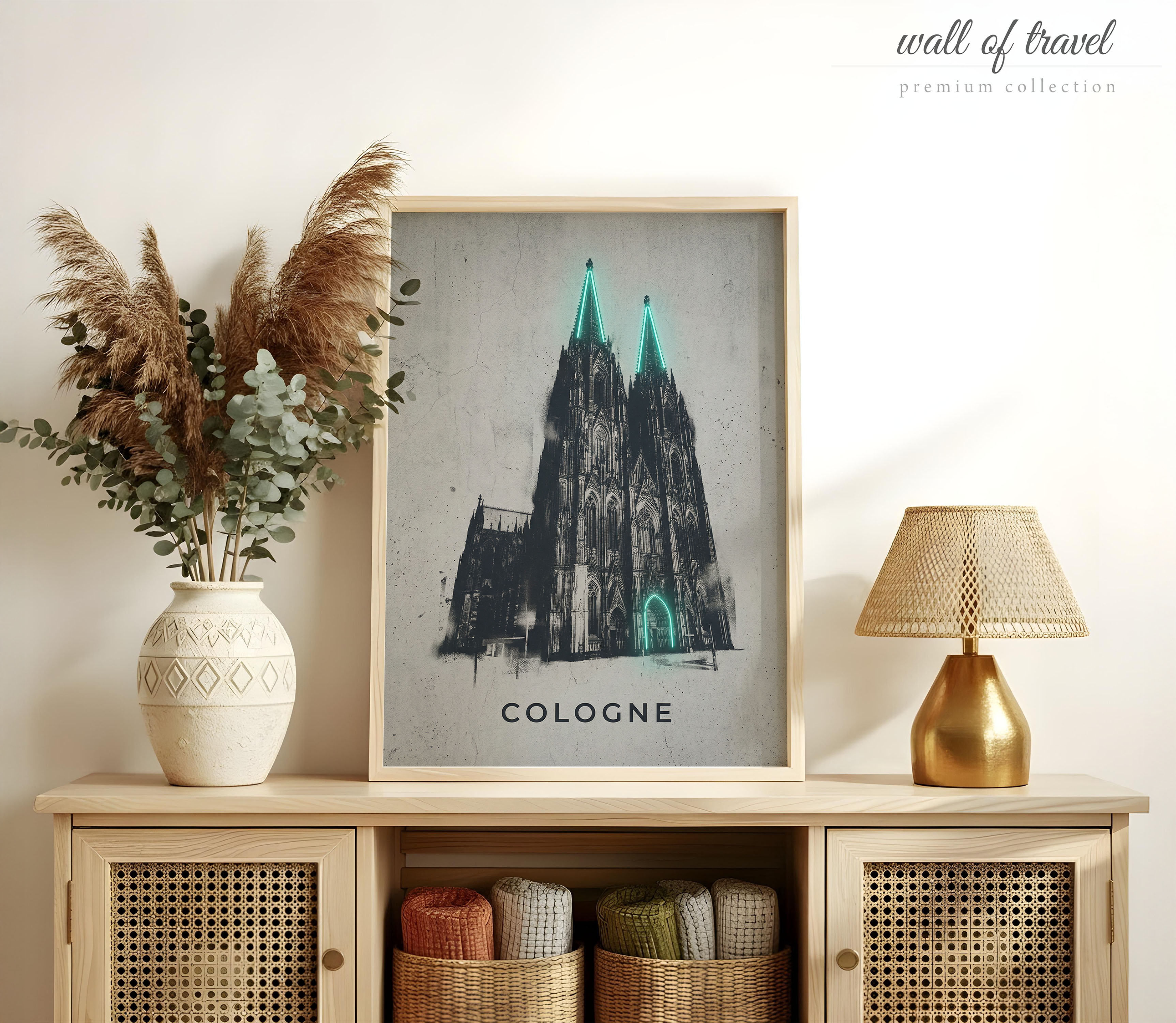 Cologne Germany Cologne Cathedral Art, Canvas or Poster, Neon Paint Splash Decor, Living Room Office Entryway Wall Art, Black White Teal