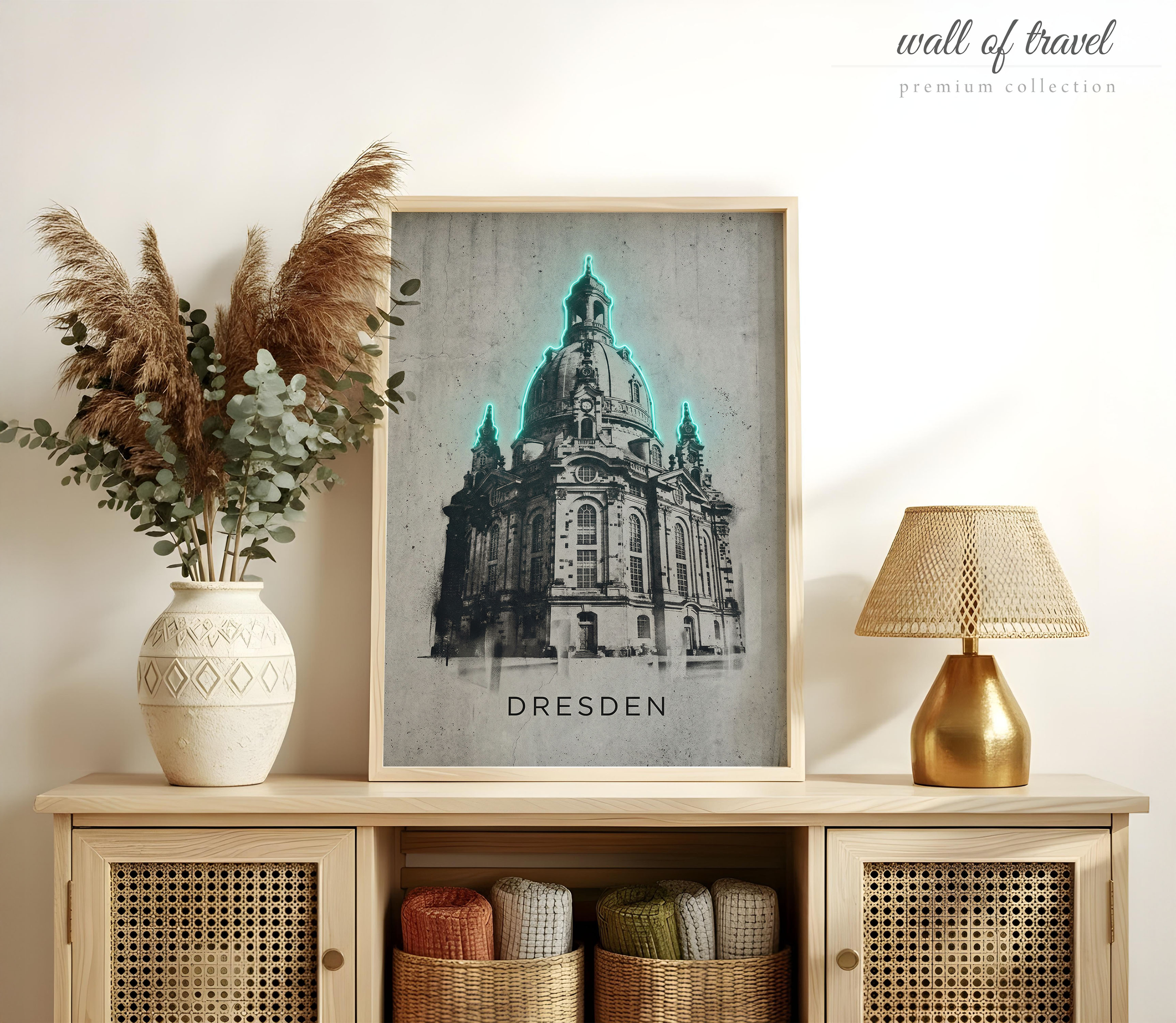 Dresden Germany Frauenkirche Art, Canvas or Poster, Neon Paint Splash Decor, Living Room Office Entryway Wall Art, Teal Black White Grey