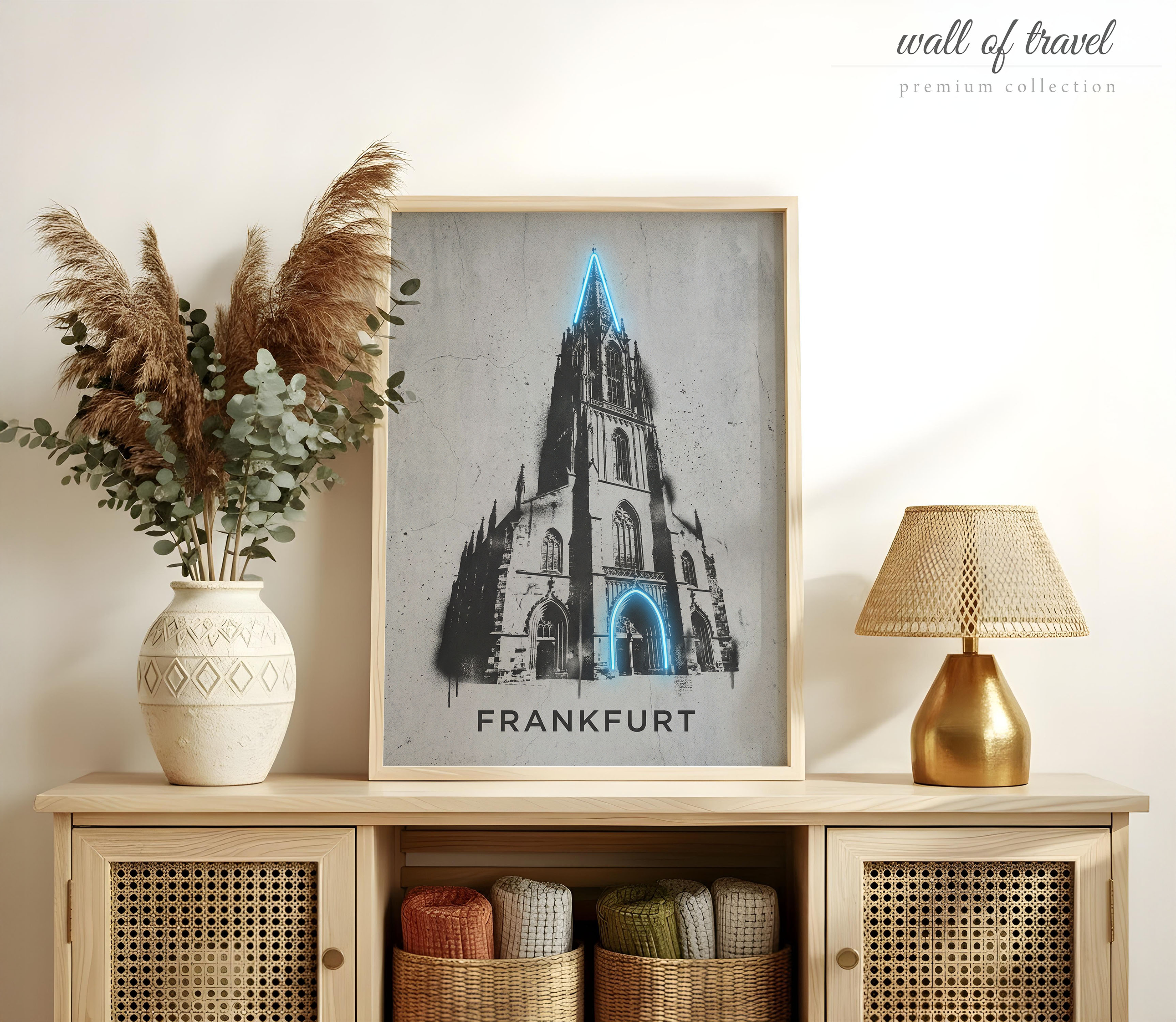 Frankfurt Germany Frankfurt Cathedral Art, Canvas or Poster, Neon Paint Splash Decor, Living Room Office Entryway Wall Art, Grey Black Blue
