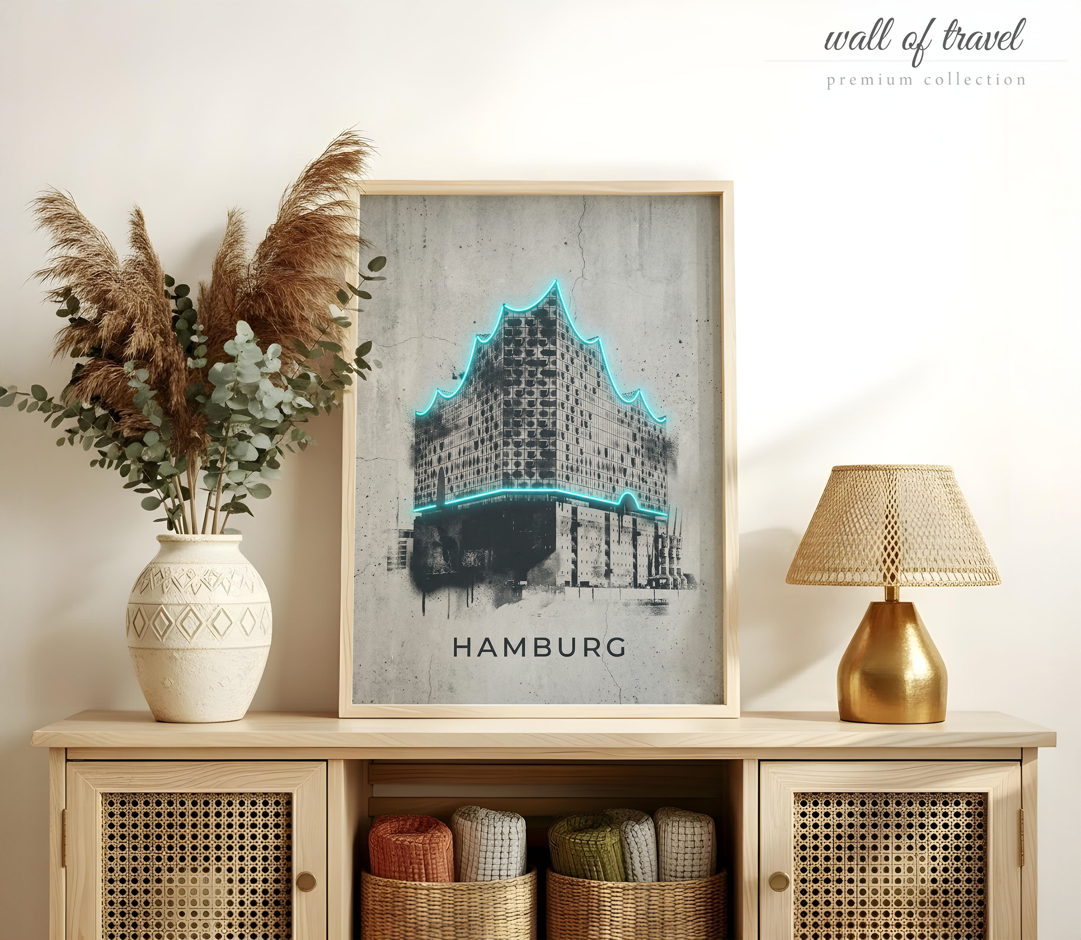 Hamburg Germany Elbphilharmonie Art, Canvas or Poster, Neon Paint Splash Decor, Living Room Office Entryway Wall Art, Blue Black Grey White