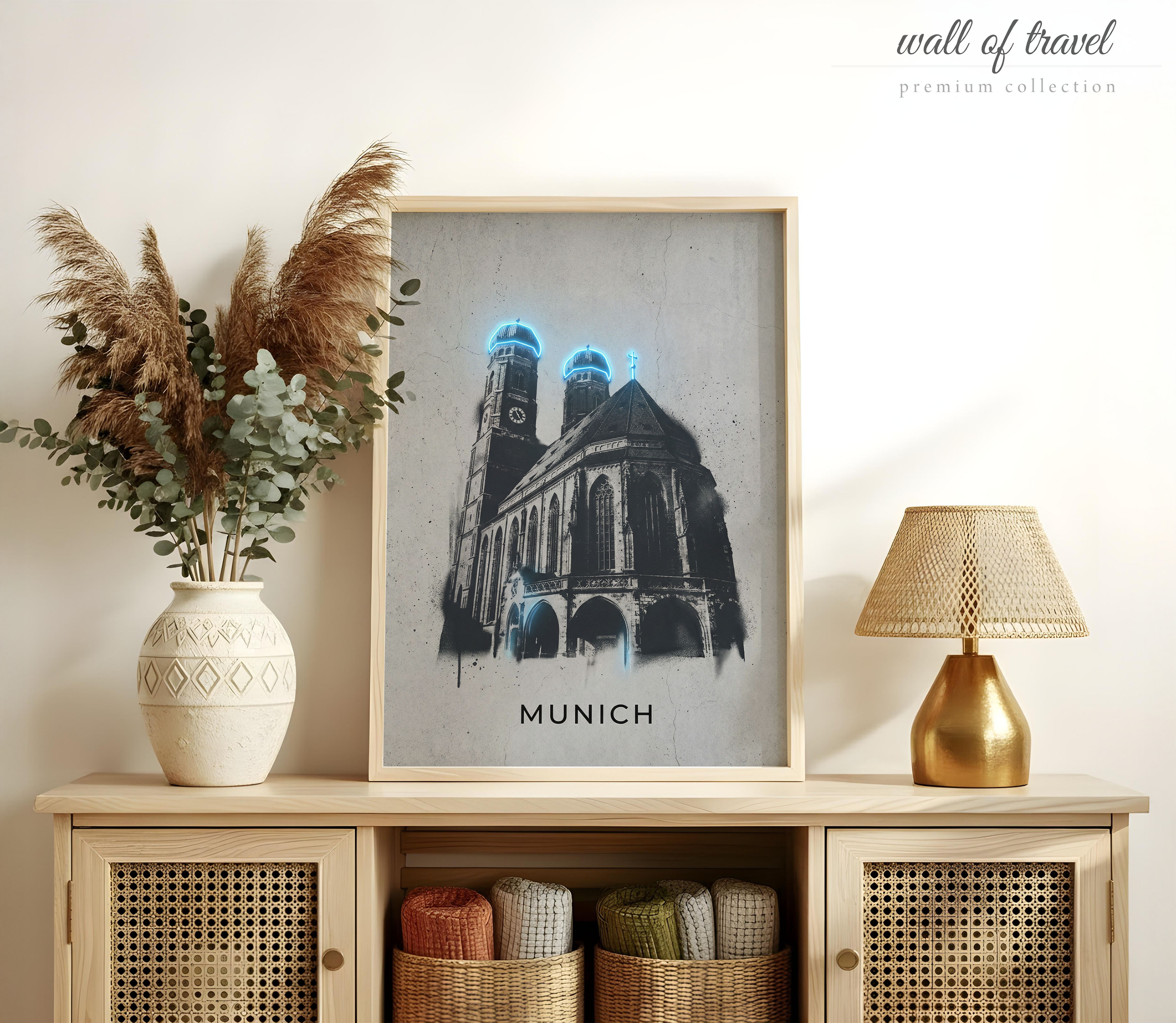 Munich Bavaria Frauenkirche Art, Canvas or Poster, Neon Paint Splash Decor, Living Room Entryway Office Vacation Home Wall Art, Grey Blue