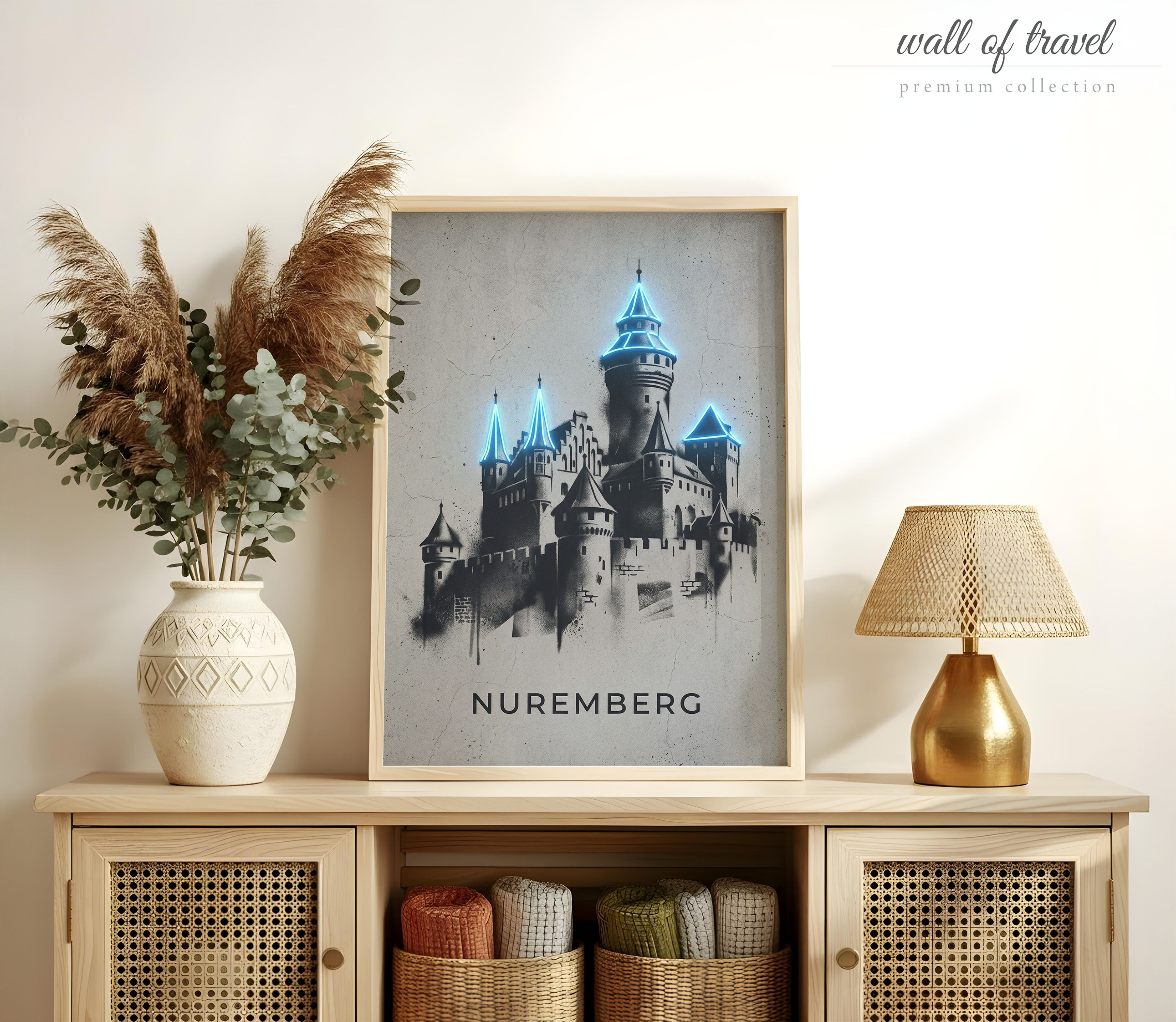 Nuremberg Germany Imperial Castle Art, Canvas or Poster, Graffiti Pop Art Decor, Living Room Office Home Bar Wall Art, Blue Black Grey White