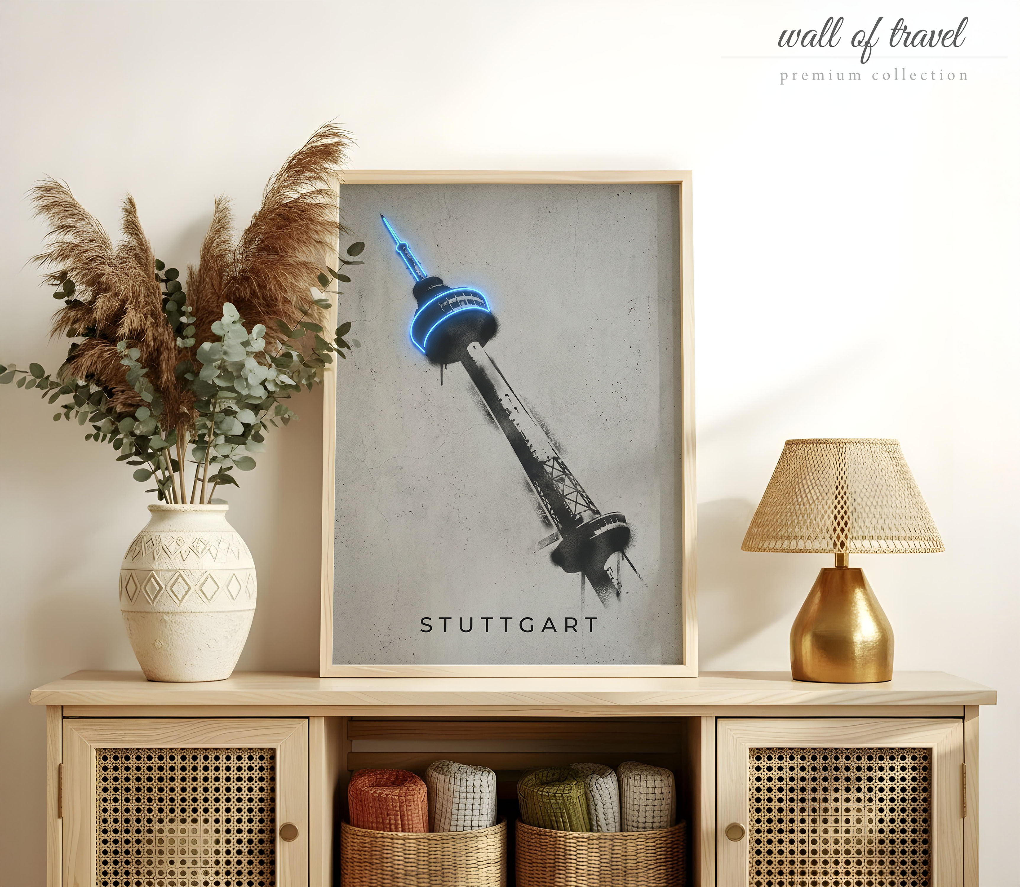 Stuttgart Germany Fernsehturm Art, Canvas or Poster, Neon Paint Splash Decor, Living Room Office Home Bar Wall Art, Blue Black Grey White